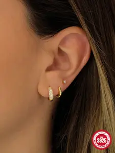 3Pcs 925 Sterling Silver Classic Cubic Zirconia Hoop Earring Hypoallergenic Cartilage Helix Tragus Lobe Piercing Jewelry Suitable For Women For Daily, Dates, Vacation, Wedding, Party, Holiday Gift
