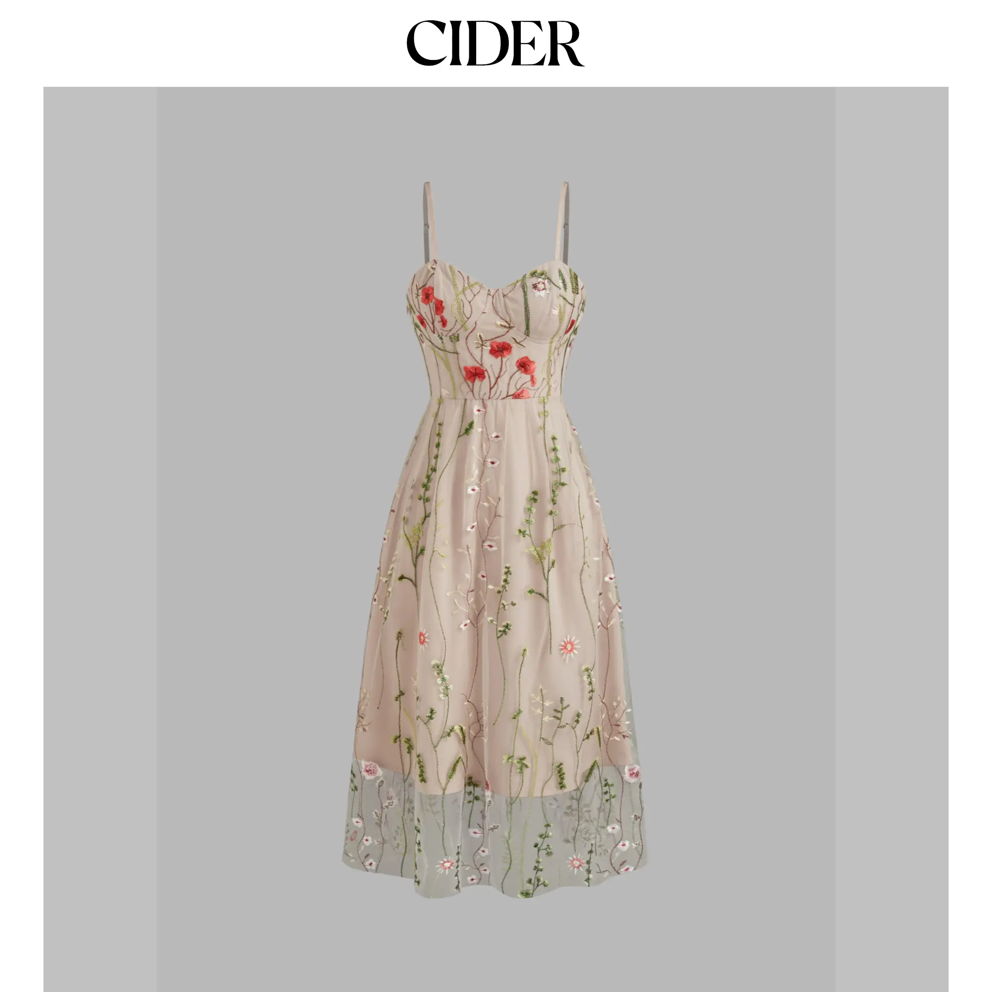 Cider Sweetheart Neckline Floral Embroidery Mesh Maxi Dress