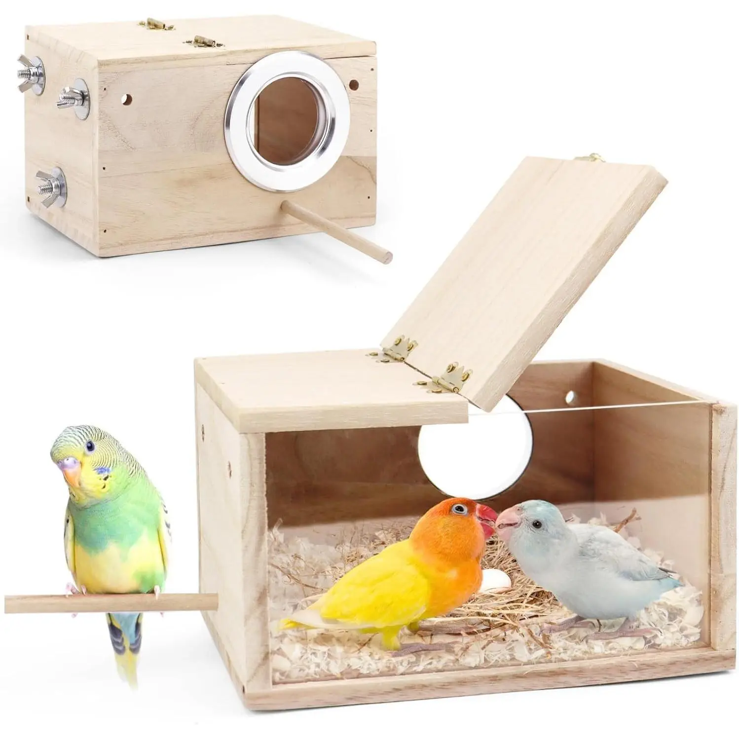 Wooden Parakeet Nesting Box - Visual Wooden Bird Breeding Box Bird Cage House with Perch for Lovebirds Cockatiel Budgie Finch Parrot