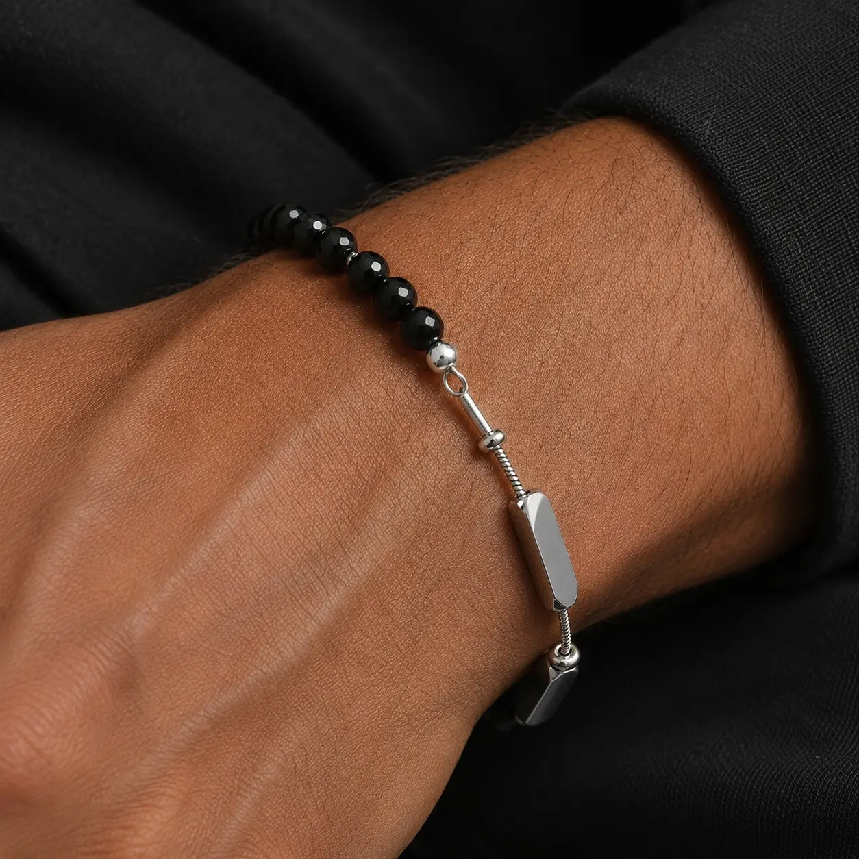 Men's Silver Obsidian Beaded Bracelet with Stainless Steel Geometric Bars, Adjustable Streetwear Bracelet Jewelry Gift for Him