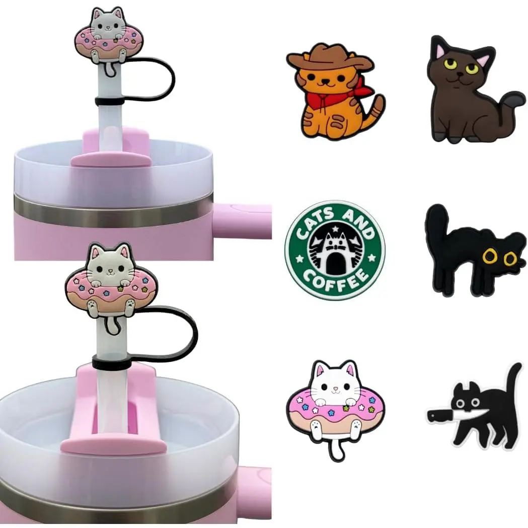 Cute Animal Straw Toppers Straw Covers for 10mm Straws – Cartoon Animals Designs – Compatible with 30/40 oz Tumblers – Food Grade Silicone, BPA Free (6, CAT)