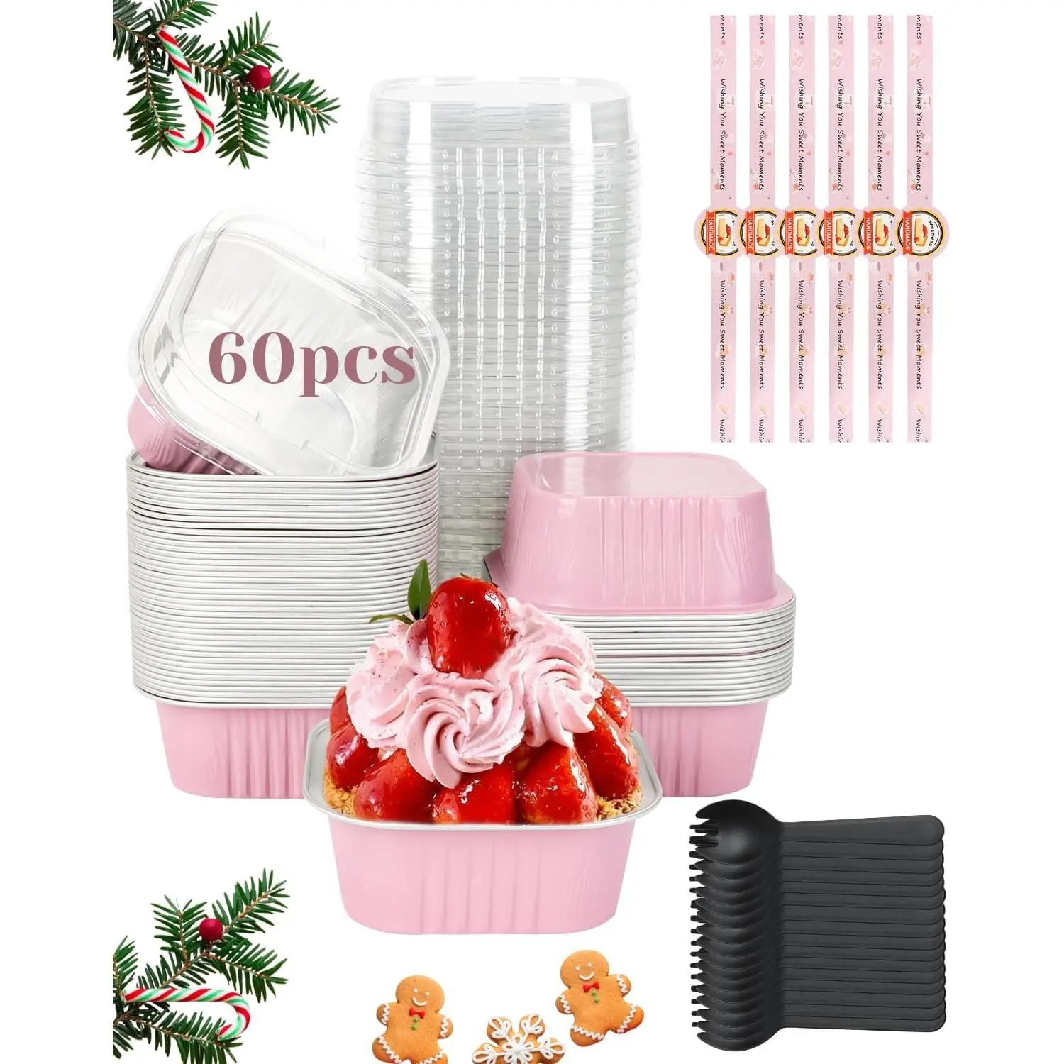 60 Pack 10oz Mini Cake Pans with Lids, Spoons, Stickers - Disposable Square Brownie Baking Cups - Individual Small Aluminum Foil Loaf Tins for Muffin, Ramekins, Cupcake - Catering, Gift, Pink