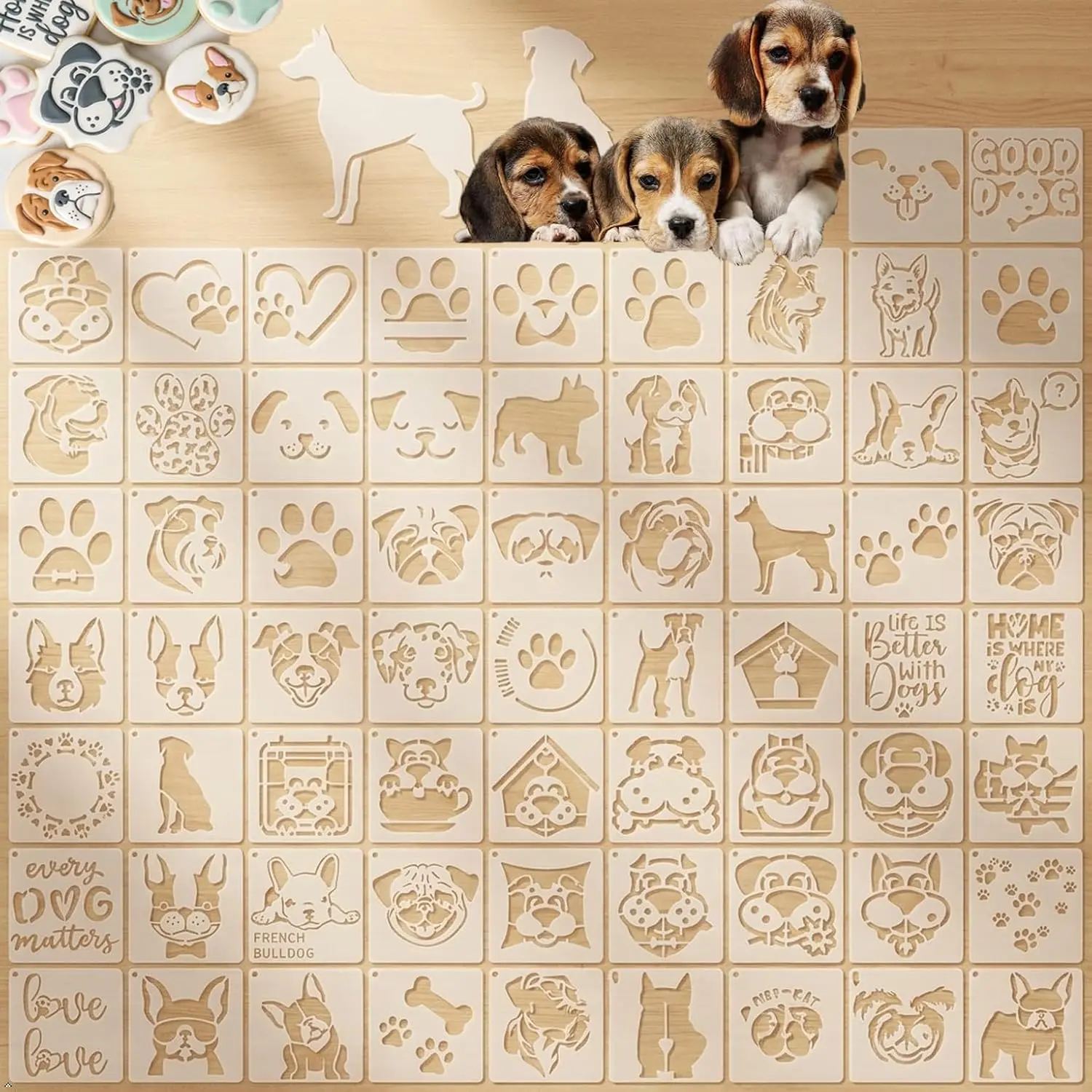 65-Pack  Theme  Stencils, 3x3 Inch Painting Templates for  Furniture, Wall Art, Baking Decor - Includes  Paw, , House & Text Patterns