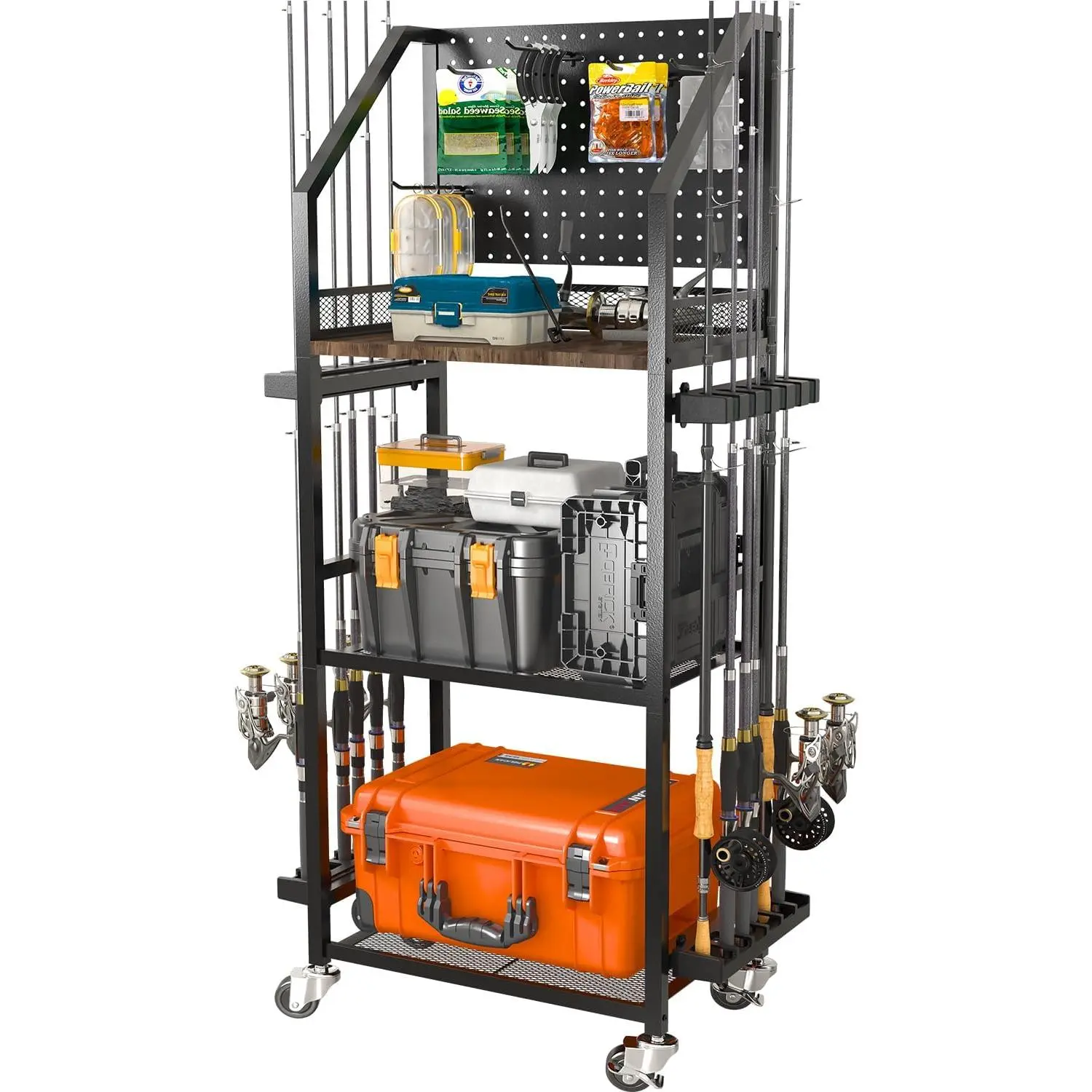 Fishing Rod Holders  Garage, Fishing Pole Holders Up to 12 Rods with Pegboard and Hooks,Rolling Fishing Cart with Wheels, Fishing Gear Storage For Tackle Box & Reel Organization