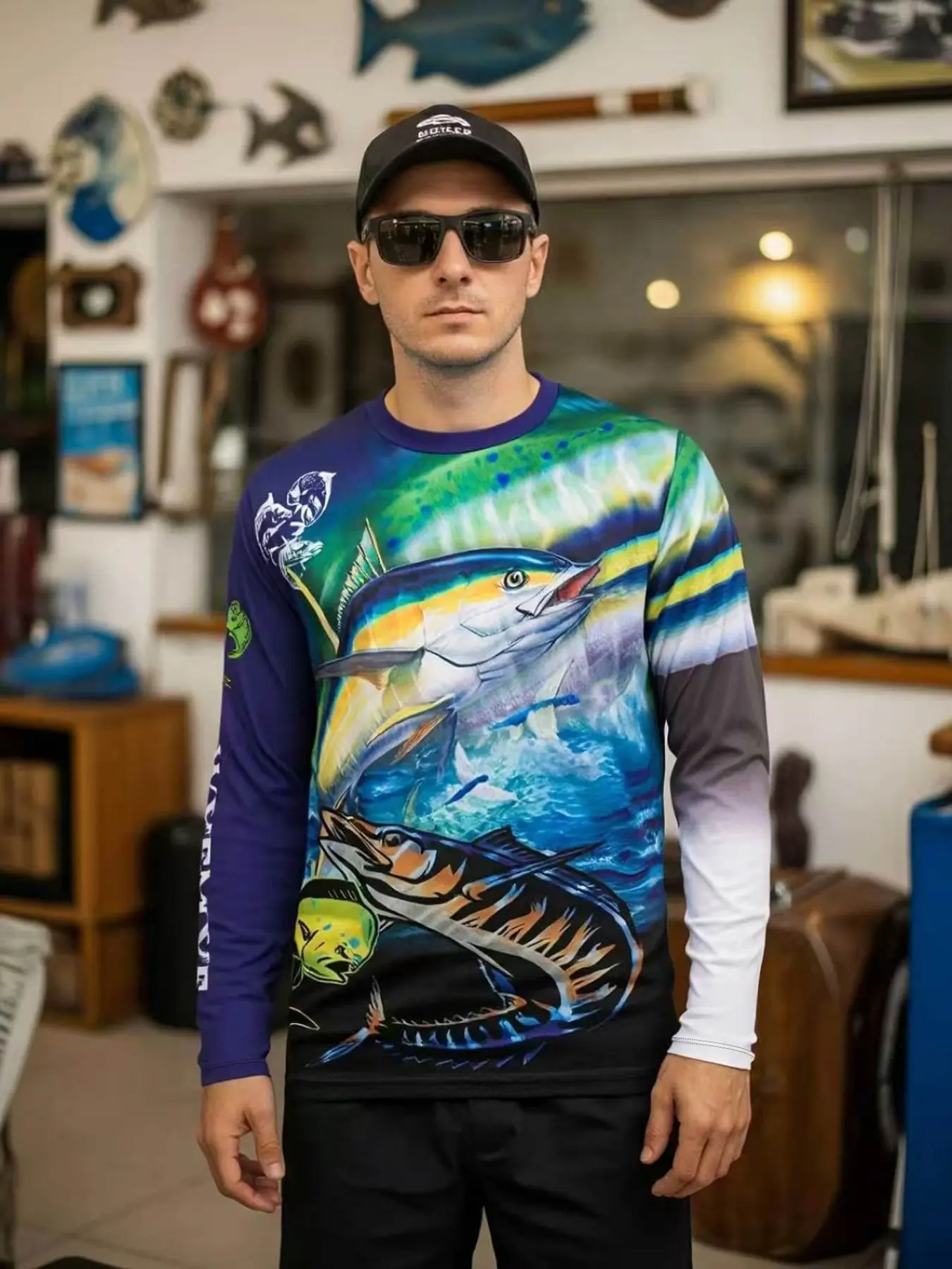 Men's Long Sleeve Sporty T-Shirt, Fish Anime Digital Print, Breathable Slim-Fit, Outdoor Fishing Cycling Hiking Top, Men's Clothing