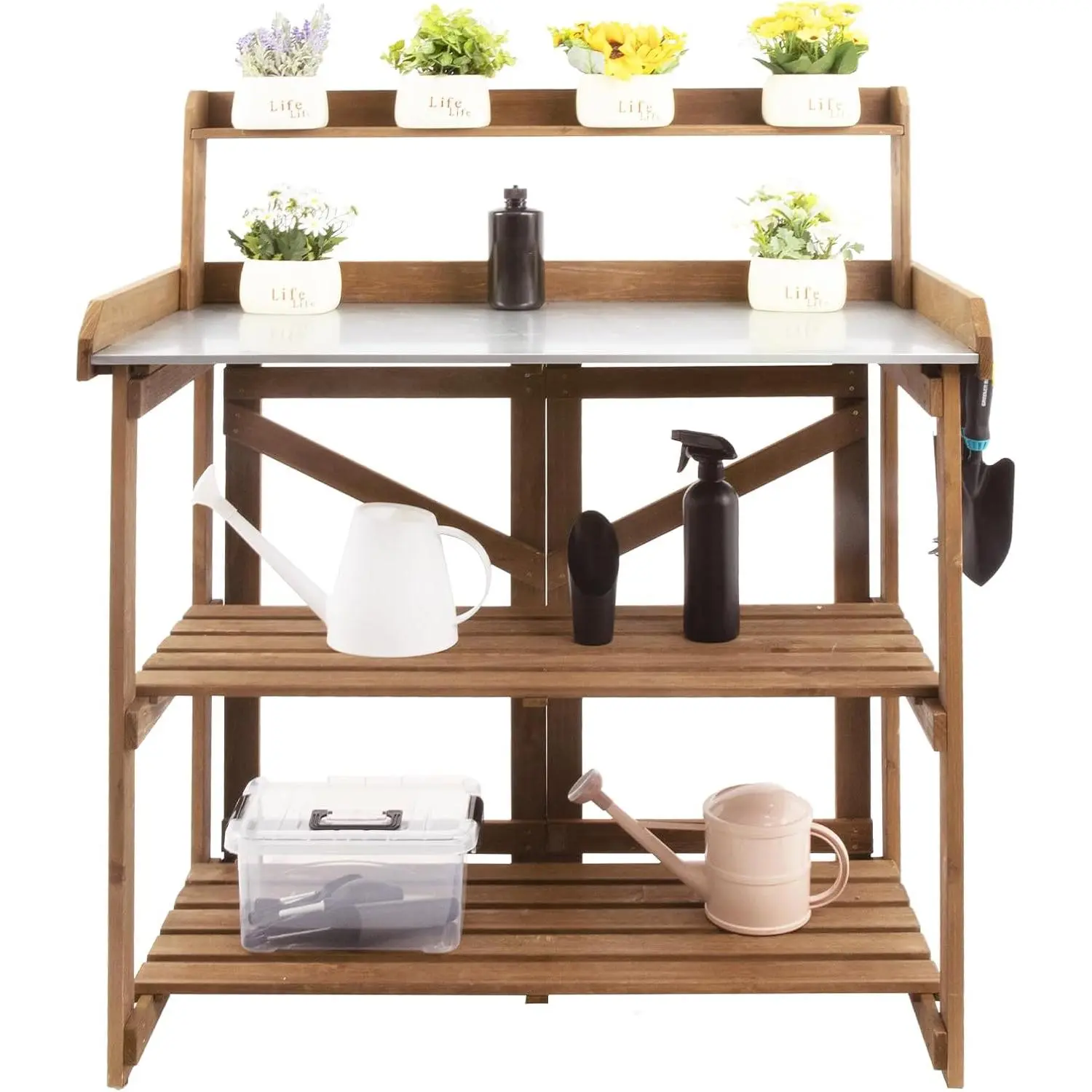 Folding Potting Bench Table,Outdoor Potting Bench Garden Wooden Potting Table,Fir Wood Workstation Planting Table with Galvanized Tabletop,2 Tier Storage Shelves,Top Shelf(Brown)