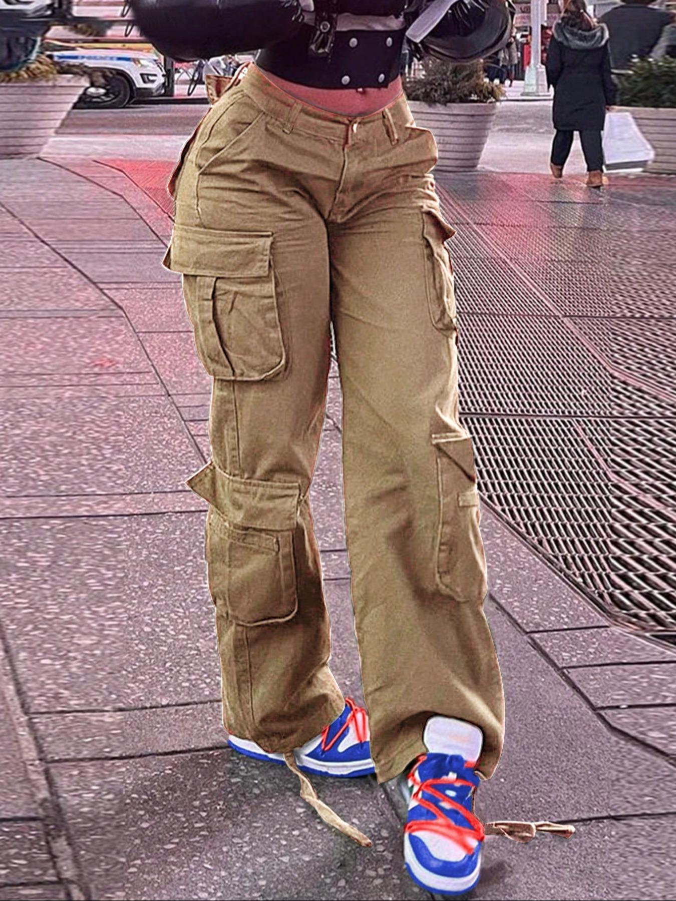 Women's Plain High-Waisted Cargo Pants with Pockets and Drawstring, Fashion Y2K K-Pop Style Streetwear Trousers for Daily Wear, Ladies' Baggy Pants for Fall & Winter