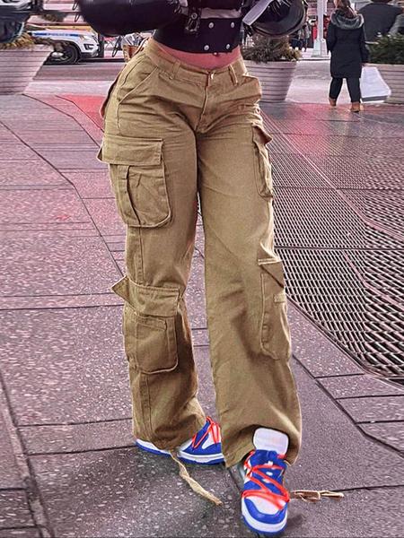 Women's Plain High-Waisted Cargo Pants with Pockets and Drawstring, Fashion Y2K K-Pop Style Streetwear Trousers for Daily Wear, Ladies' Baggy Pants for Fall & Winter