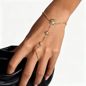 Elegant Shiny Star Moon Finger Chain Bracelet, 3.1g 18K Gold Plated Stainless Steel Beaded Hand Chain, Waterproof Anti Allergy Jewelry
