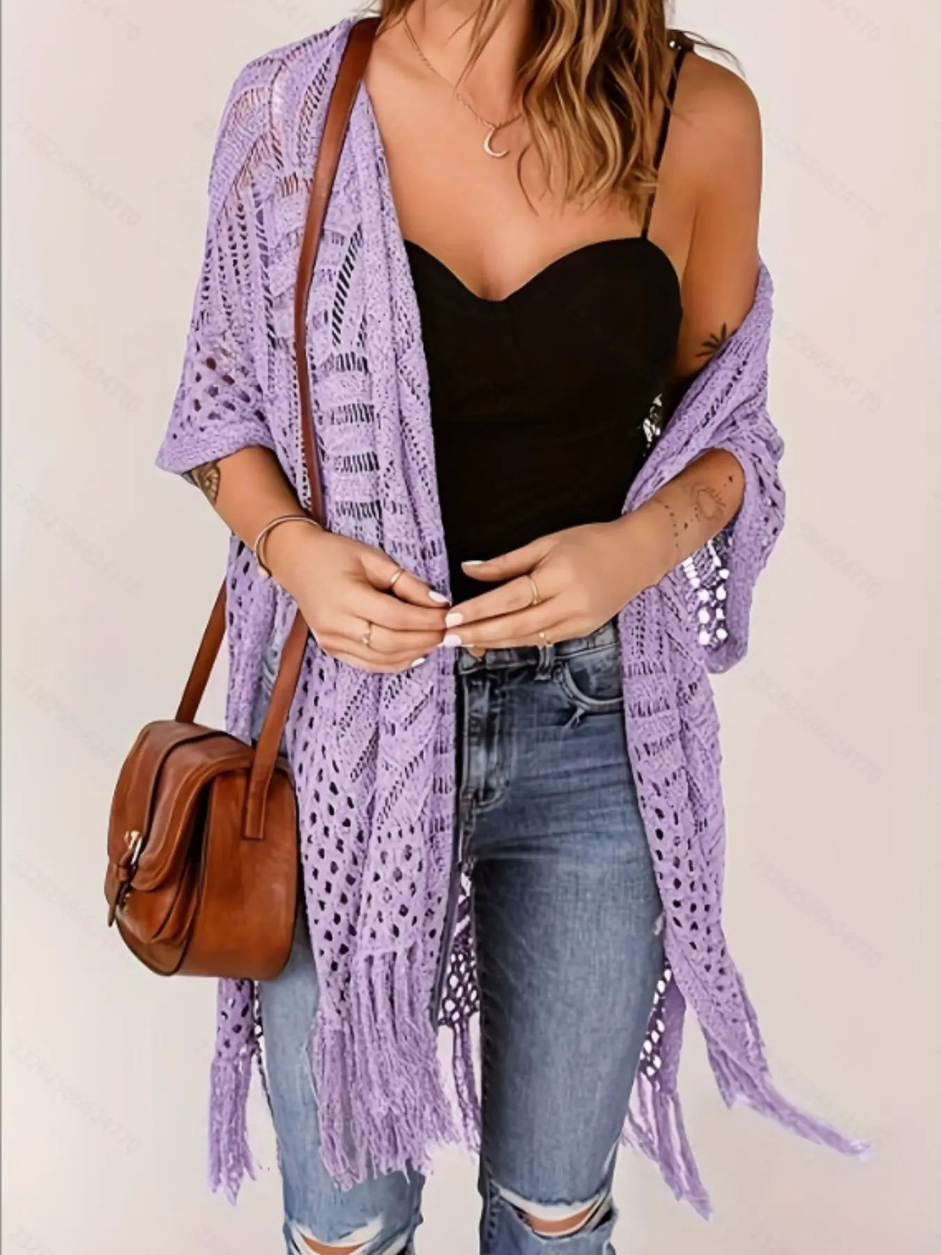 Women's Mid-Length Fashion Aesthetic Loose Knit Kimono Cardigan, Hollow Out Fringe Sun Protection Large Size Outerwear, Stylish Wrap Top