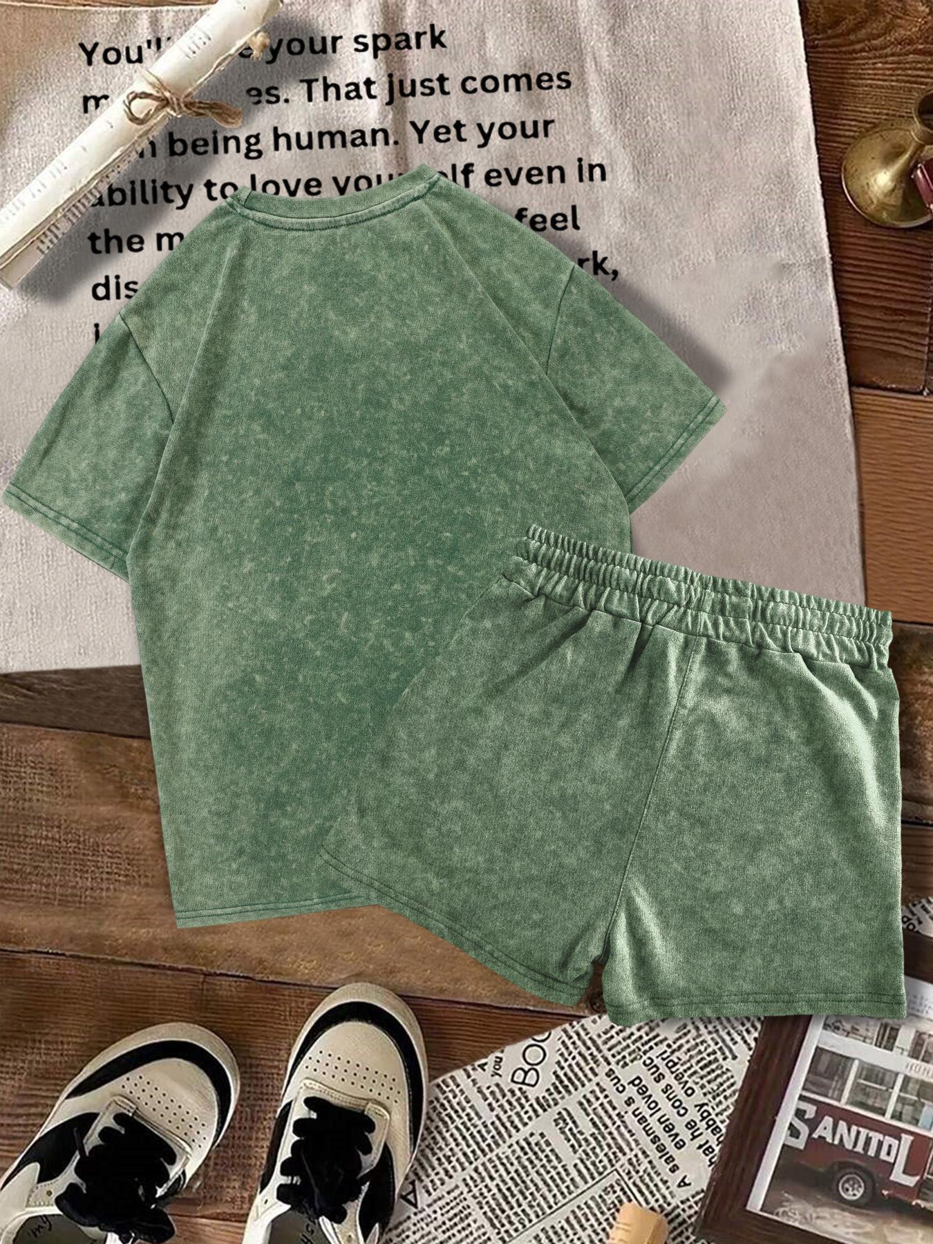 Two-piece Set Women's Solid Color Denim-effect Print Tee & Shorts, Casual Basic Round Neck Short Sleeve T-shirt & Shorts, Ladies Summer Clothes for Daily Wear, Matching Clothing Set Two-piece Set Women's Solid Color Denim-effect Print Tee & Shorts, Casual Basic Round Neck Short Sleeve T-shirt & Shorts, Ladies Summer Clothes for Daily Wear, Matching Clothing Set