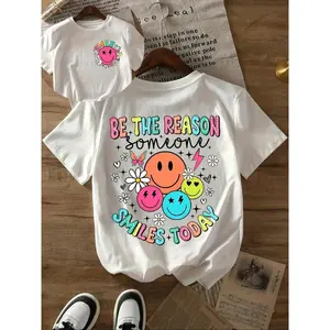 Women's Smile Face & Flower Print Round Neck Tee, Fashion Casual Crew Neck Short Sleeve T-Shirt for Daily Holiday Vacation Outdoor Wear, Soft Breathable All-Season Fabric, Stylish Relaxed Fit Versatile Ladies Top