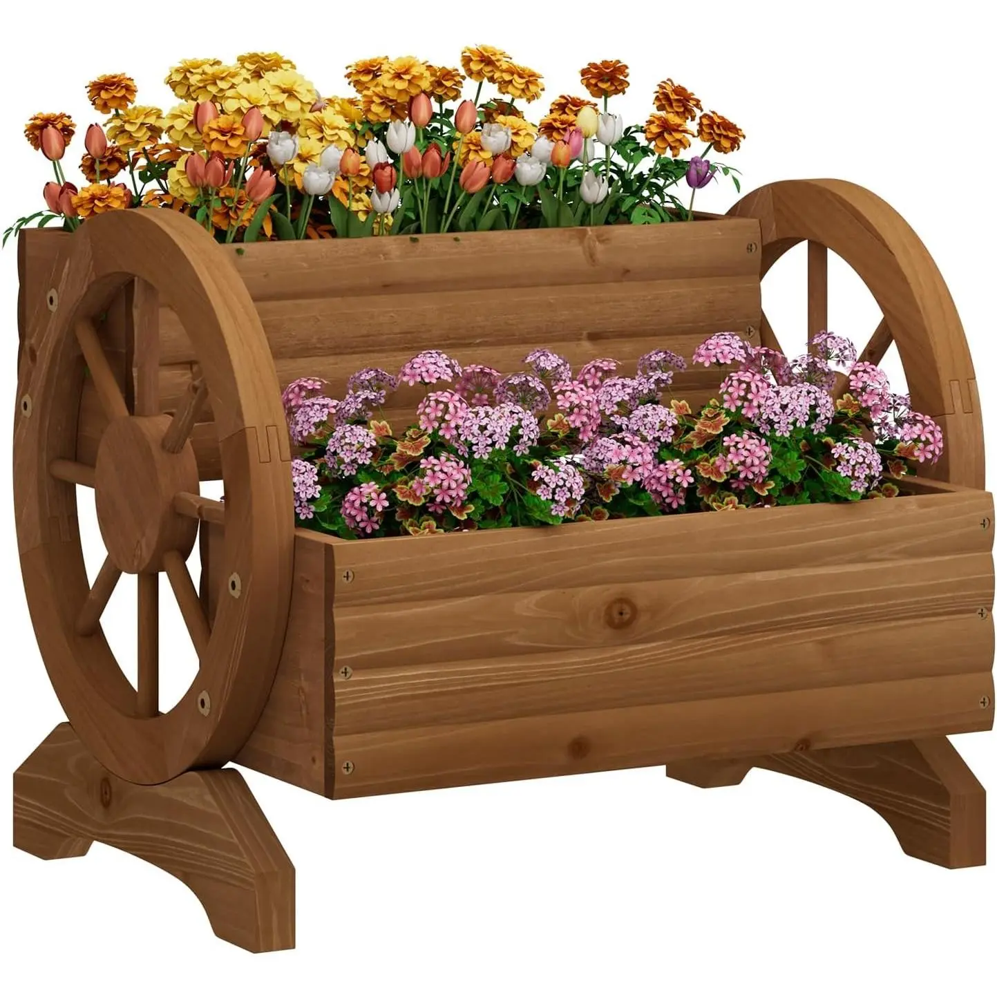 Wooden Wagon Planter Flower Cart with Wheels Garden Box Garden Planter, Decorative Planter for Flowers Herbs Vegetables for Indoor & Outdoor Décor Flower Cart for Patio Garden Balcony (Brown)