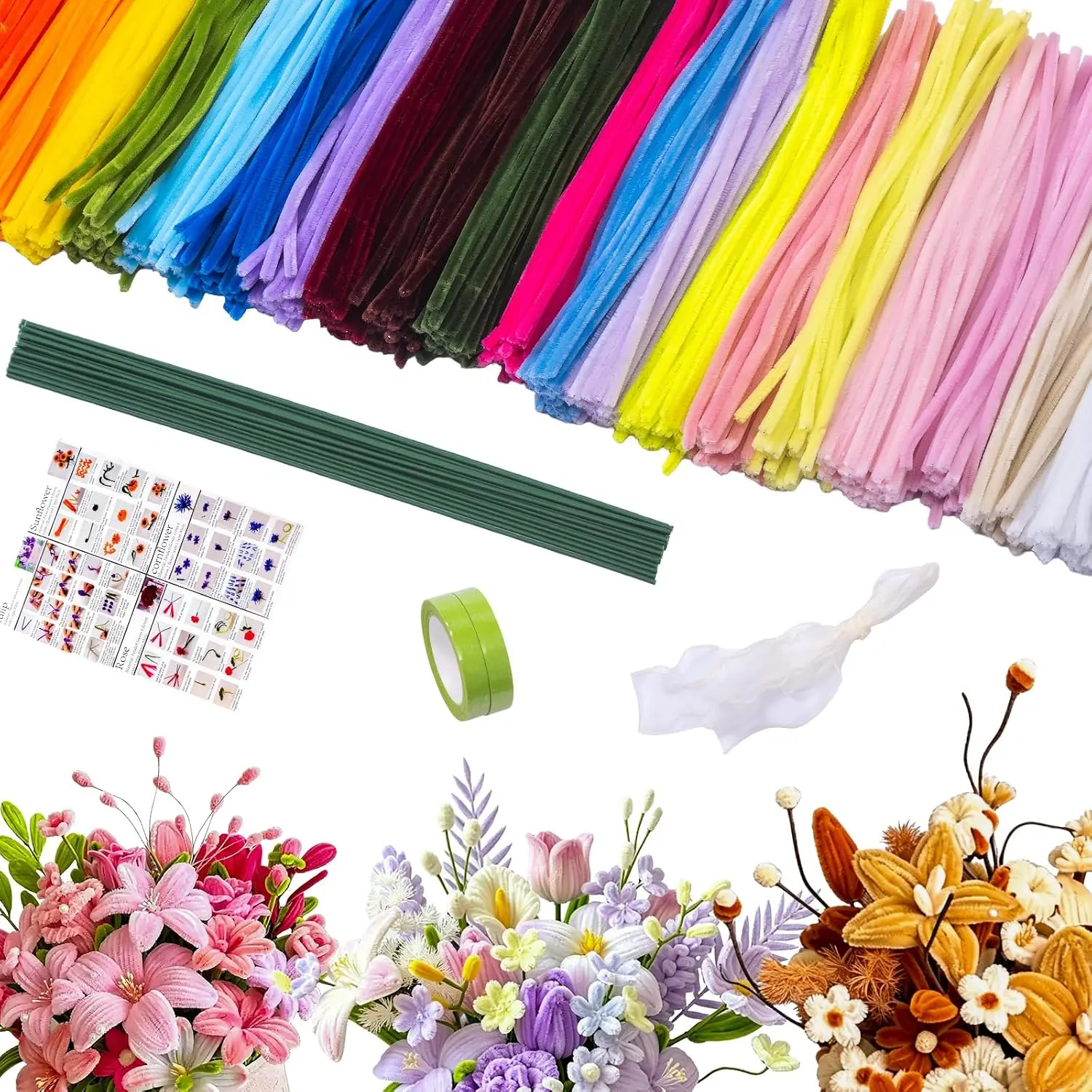 Pipe Cleaners Flower Kit, 600 count Chenille Stems, 20  Colors 30 count/Color Soft Bendable Fuzzy Craft Sticks, -in- DIY Craft Supplies for Adults, Holiday Decor and Flower Bouquet Making