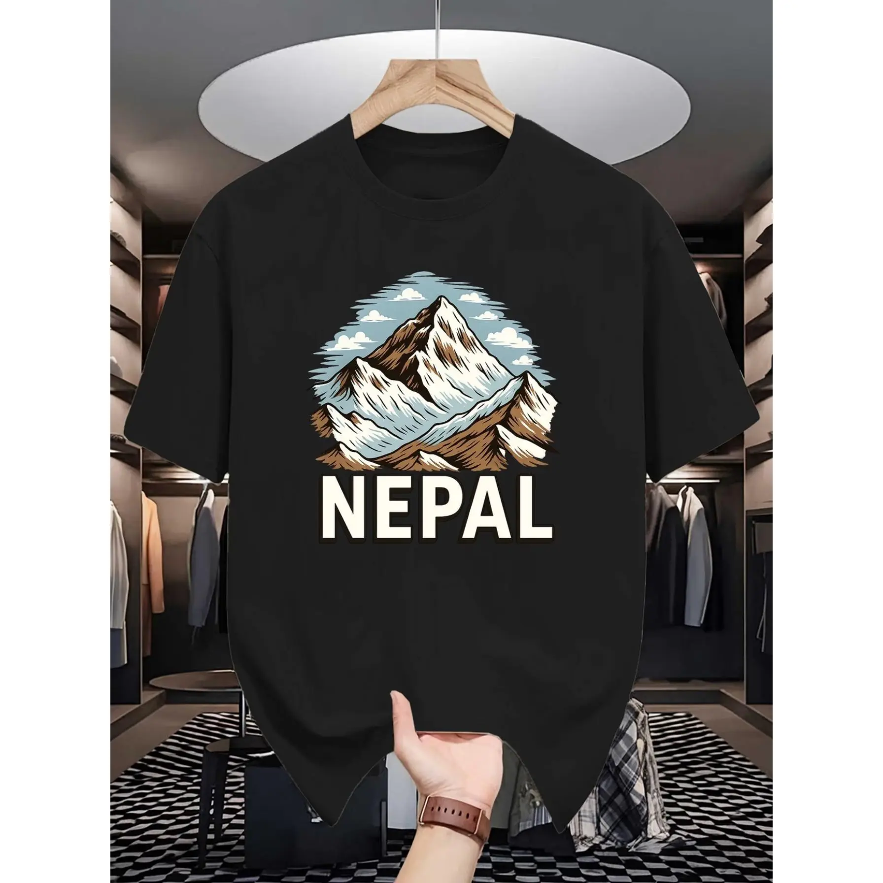 Men's Short Sleeve Graphic T-shirt with Nepal Map & Himalayan Print, Round Neck Top for Travel & Outdoor Adventures, Tshirt, Shortsleeve, Menswear, Map Graphic, Minimalist, Nepal Print, No