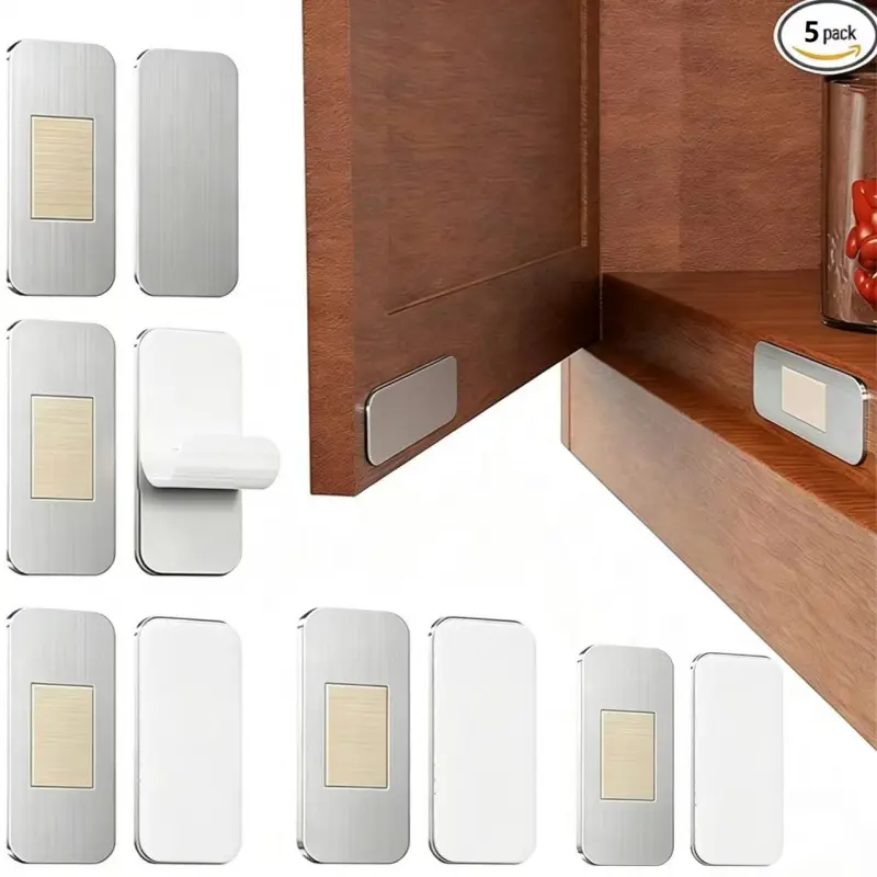 2（1 Set）/10 (5 Sets) Stainless Steel Ultra-thin Strong Magnetic Cabinet Door Stops, Can Be Installed on Kitchen Cabinets, Wardrobes, and Drawers Without Drilling Holes, with A Surface Adhesive for Non-destructive Installation, Safe and Firm
