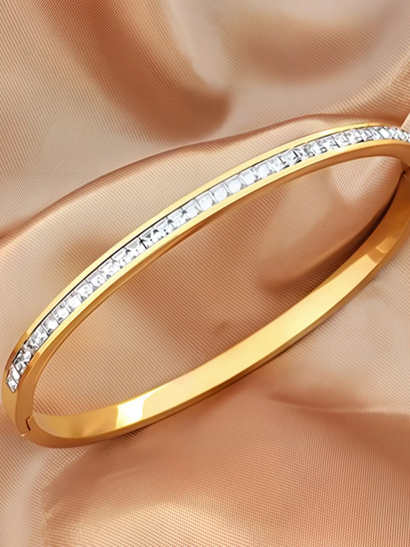 Large Square Diamond Embedded Round Bracelet, Unisex Full Diamond Titanium Steel Couple Wristband, Available in Silver and