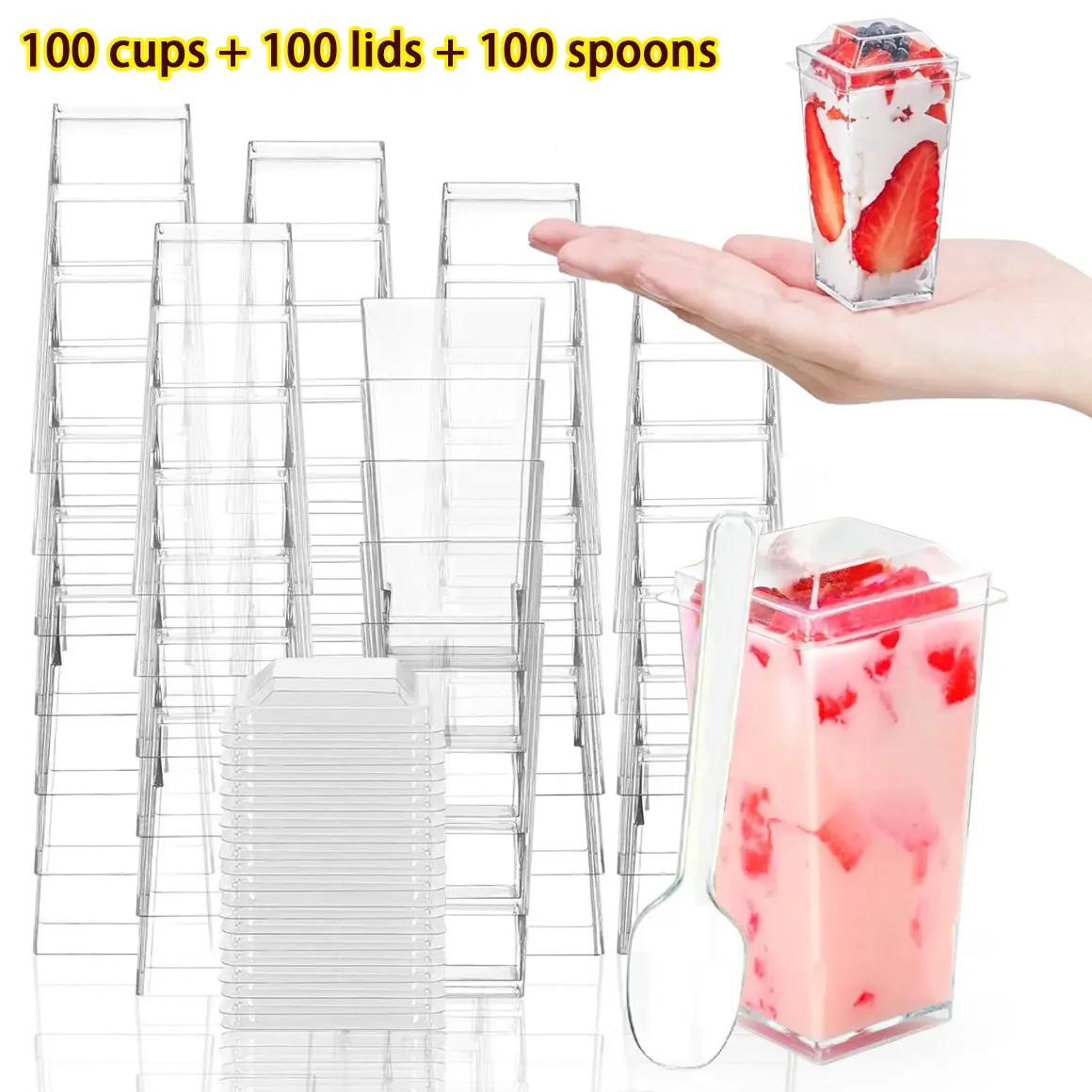 100 Pack 3oz Clear Rectangular Mini Dessert Cups with Lids and Spoons Disposable Food Grade Plastic Shooter Cups Ideal for Birthday Family Gathering Party Mousse Trifle Ice Cream