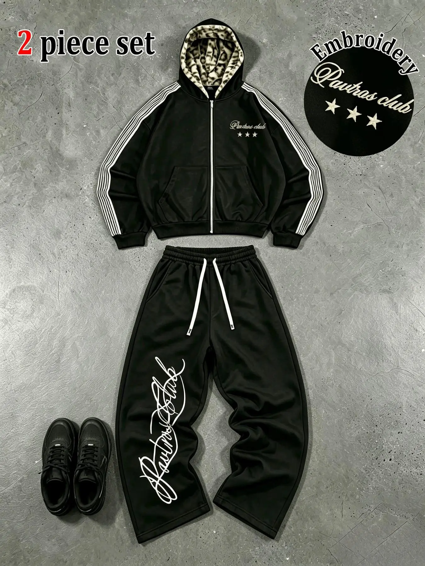 Men's Two-Piece Sportswear Set, Leopard Print Hooded Zipper Jacket + Wide Leg Sweatpants, Hip Hop Streetwear, Hooded Tracksuit