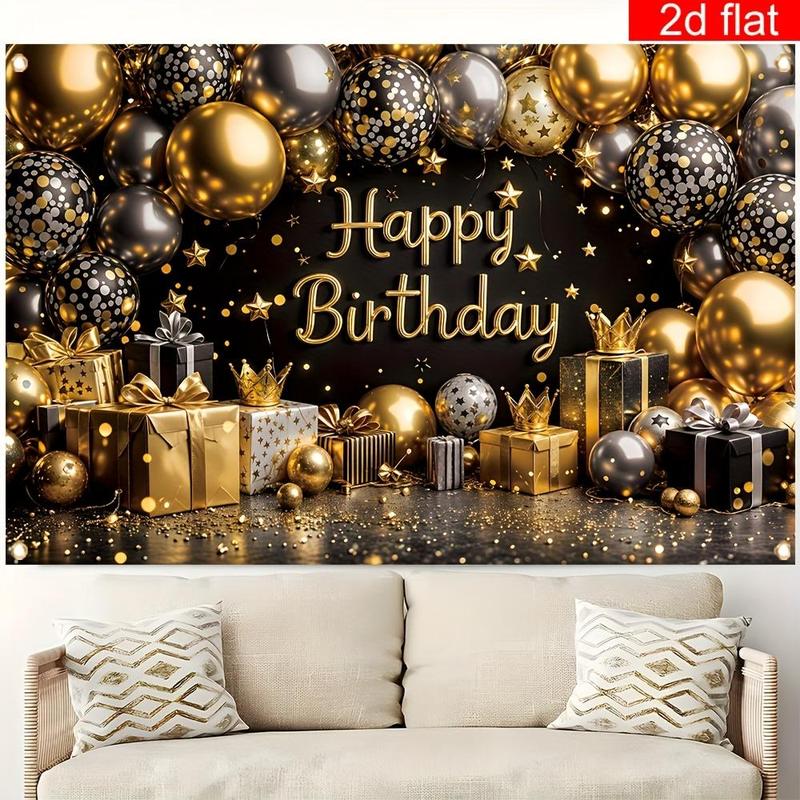 1pc 2D Flat Happy Birthday Party Banner - Black & Golden Crown Balloon Design with "Happy Birthday" Text, Durable Polyester Photography Backdrop for Indoor/Outdoor Decor, Perfect for Wall, Livin White