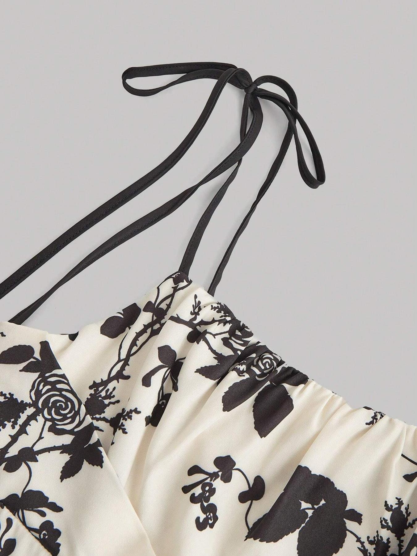 Women's Floral Print Tie Shoulder Cami Dress, Fashion Casual Sleeveless Spaghetti Strap Dress for Daily Outdoor Wear, Women Dress for Summer Women's Floral Print Tie Shoulder Cami Dress, Fashion Casual Sleeveless Spaghetti Strap Dress for Daily Outdoor Wear, Women Dress for Summer