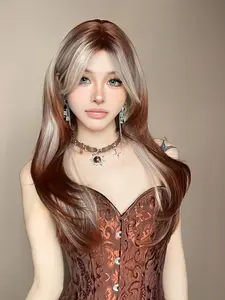 Long Curly Wig with Bangs, Chocolate Platinum Highlight, Mixed Ethnic Fashion, No Glue Design, Suitable for Daily and Parties