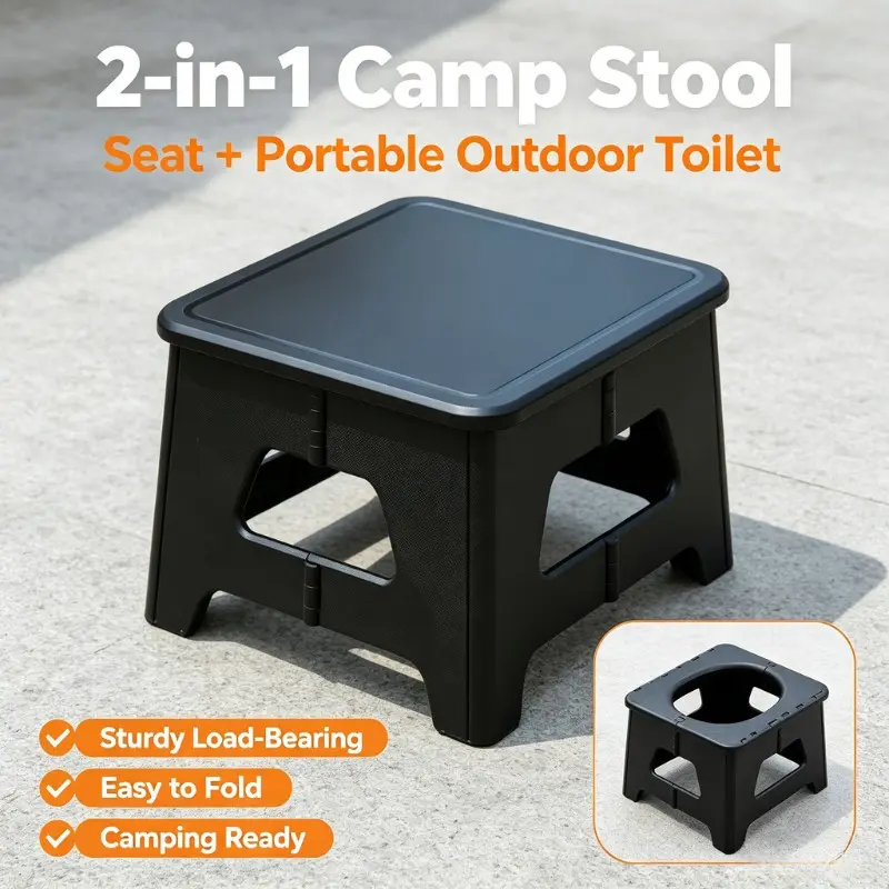 Outdoor Ergonomic Foldable Stool, Portable Collapsible Camping Toilet, Compact Travel Commode, Multi-Functional Plastic Storage Trash Bin, Sturdy Foldable Lightweight Chair For Camping, Hiking & Outdoor Activities