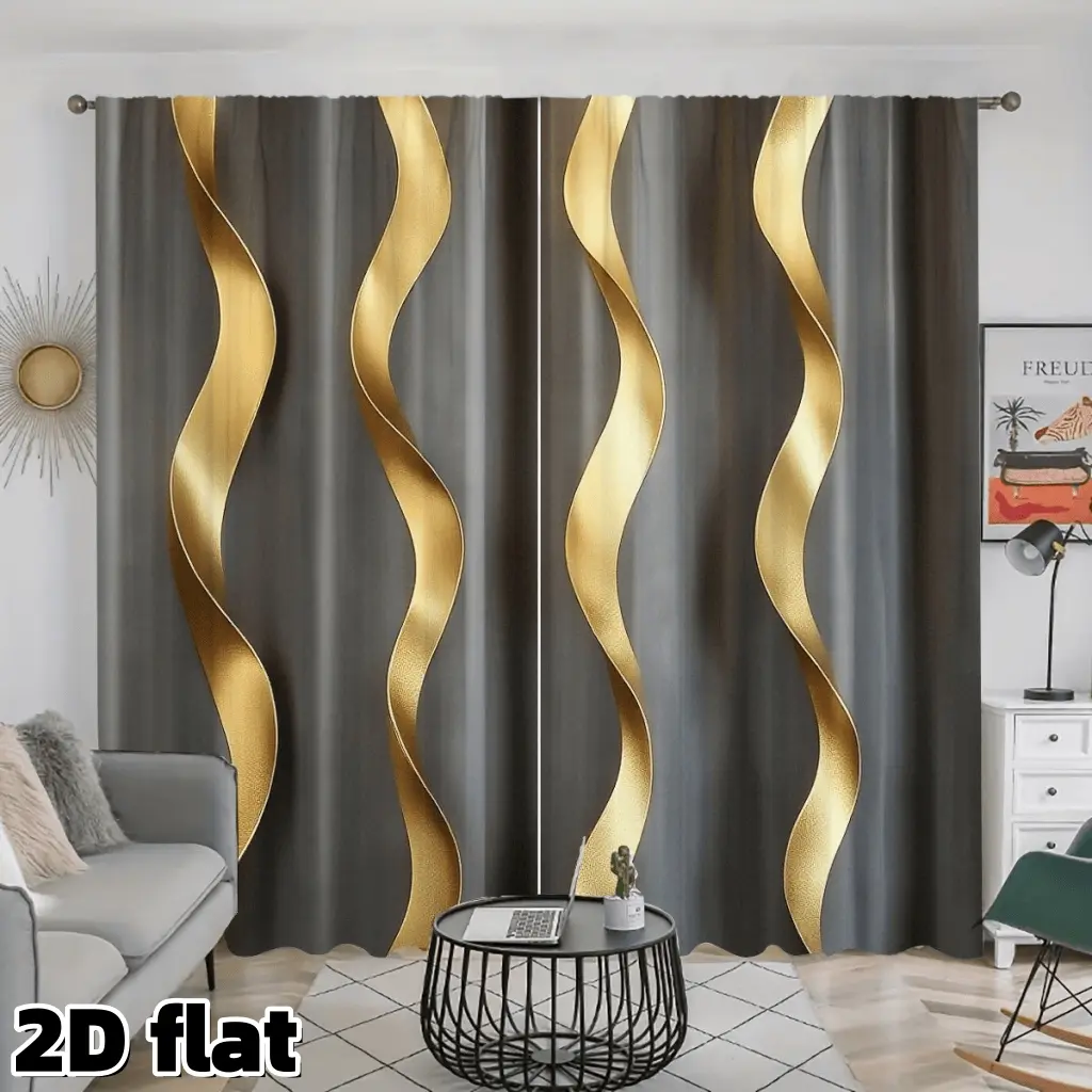 2D Flat 2Pcs Modern Wave Pattern Curtains Elegant Golden Stripes on Gray Background Decorative Rod Pocket Panels Semi Sunshade Polyester Drapes for Living Room Bedroom Kitchen Office Window Treatment Privacy Protection