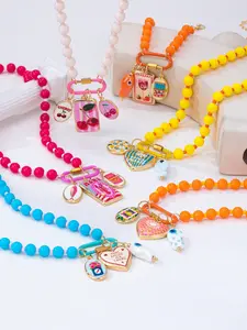 6 Pcs Boho Summer Resin Bead Necklaces, Climb Lock & Lobster Claw, Cherry Fish Pendant, Layered Fruit Charms, Women's Dopamine Jewelry Set