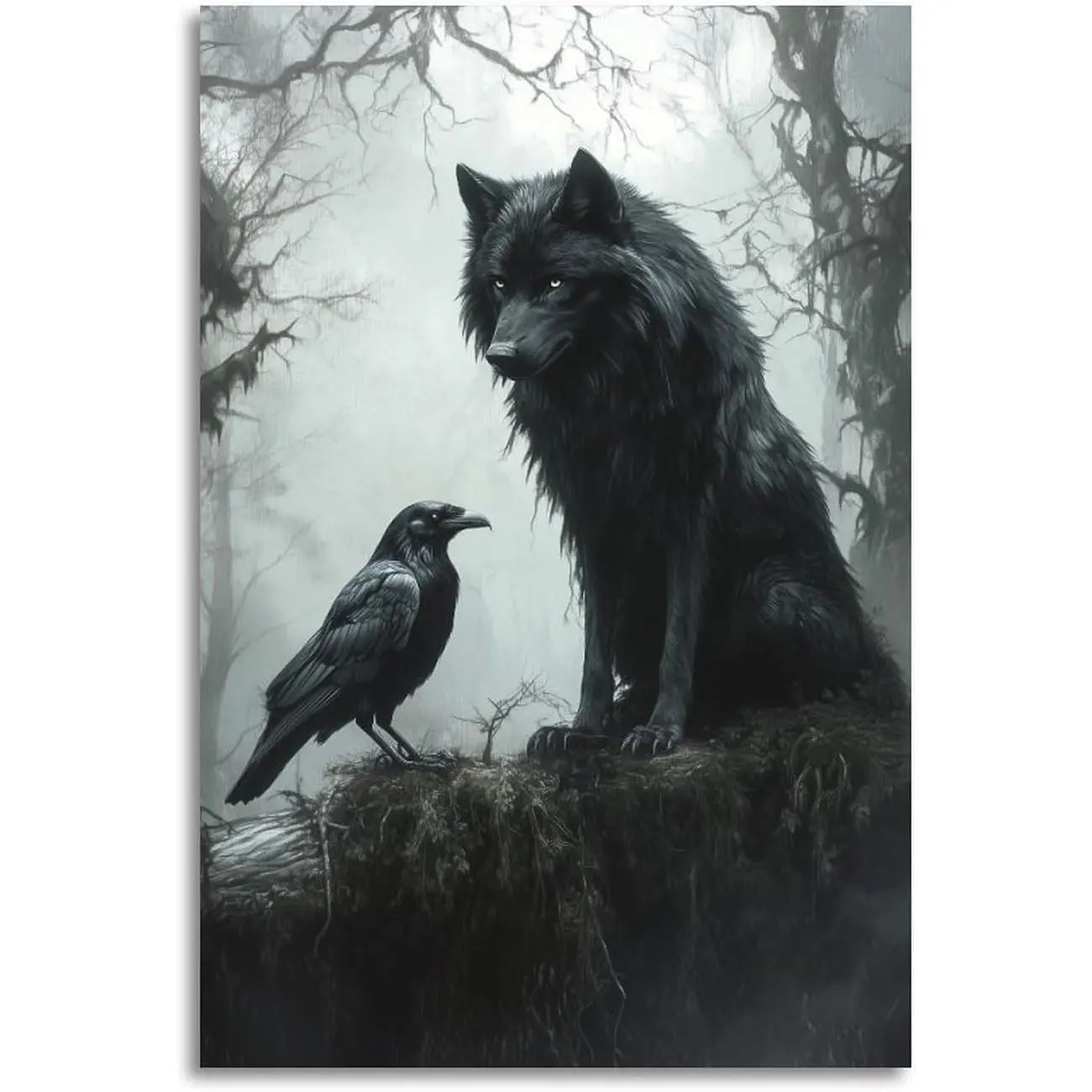 Wolf And Crow in The Misty Forest Wall Art Print Vintage Canvas Wall Art Wall Decor Aesthetic Modern Living Room Bathroom Decor Poster 16x24inch(40x60cm) Unframe-style