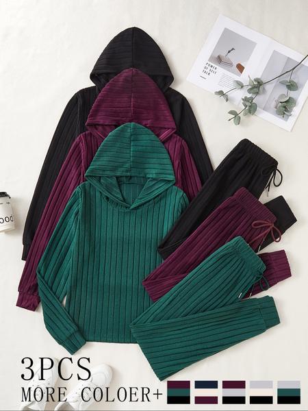 Women's Homecoming Set, 6-Piece Long Sleeve Hoodie Top & Ankle-Length Pants, Ribbed Brushed Fabric, Casual Comfortable Daily Wear, Winter Wear