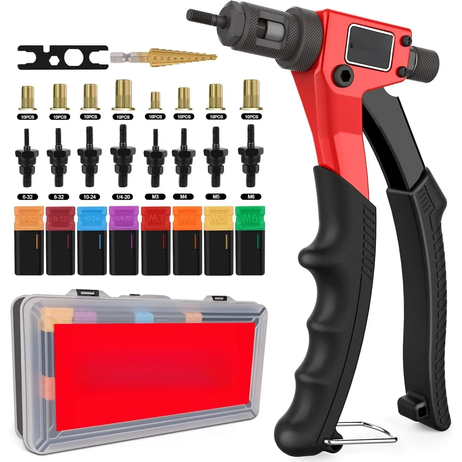 Rivet Nut Tool Kit with a Step Drill Bit & 80 Nutserts  Tight Space, 8" Rivnut Tool Set Riveter with 8 Mandrels 6-32 8-32 10-24 1/4-20 M3 M4 M5 M6 in Organized Rugged Carrying Case NT600
