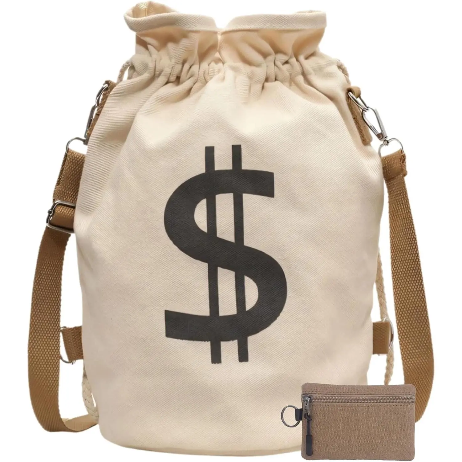 Canvas Drawstring Money Bag Backpack with Coin Pouch and Dollar Sign, Playful design with bold dollar sign, adjustable straps, matching zip coin pouch with keyring