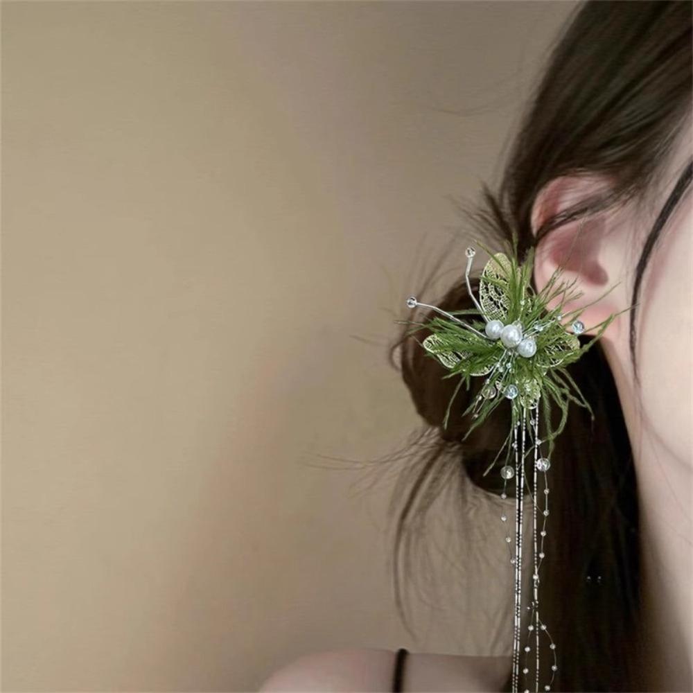 Ethereal Butterfly Pearl Tassel Hair Clip, Vintage Chinese Style Feather Side Clip, Luxury Elegant Hair Accessory