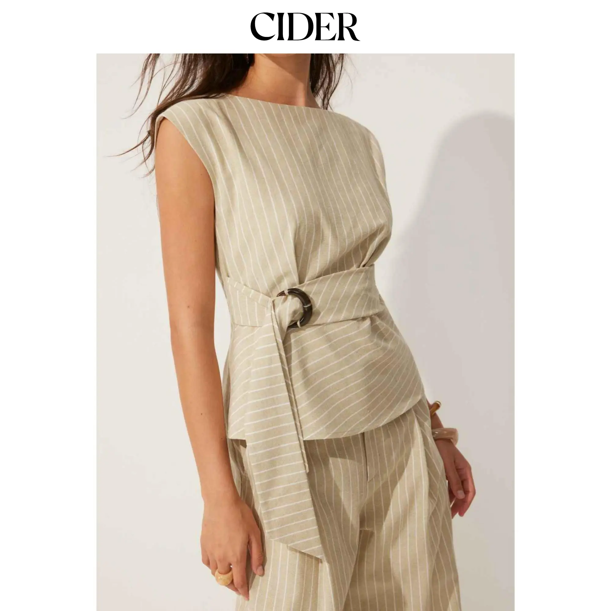 Cider Linen-blend Boat Neck Striped Tie-waist Cami Blouse