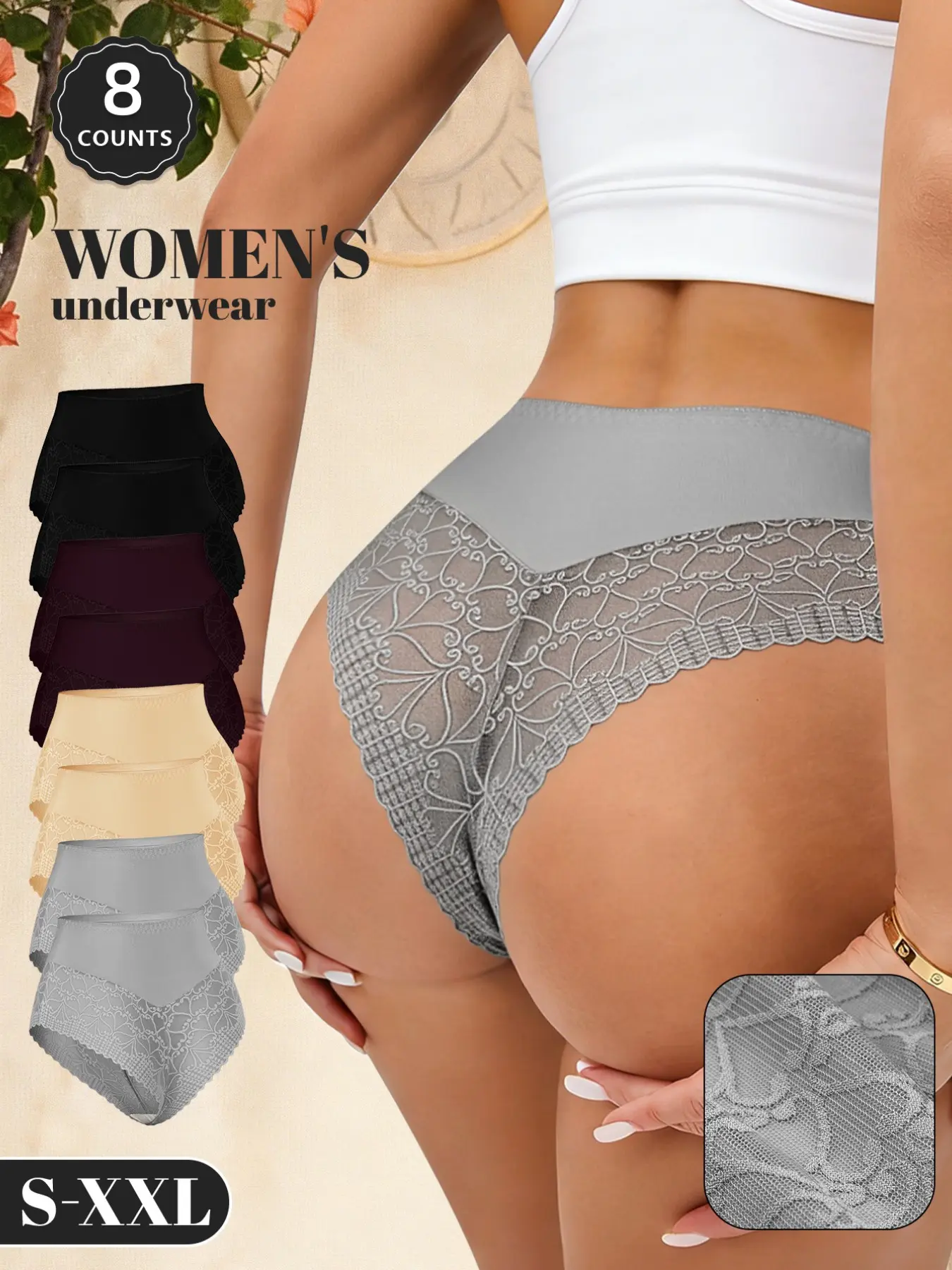 8 Pcs MEIYATING Lace Casual High-Waisted Women's Thong Everyday Wear Panties Underwear, Soft Breathable No Sweat, Invisible Seamless, Multiple Colors, Sizes S-Xxl