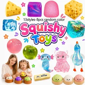 8 Pack Squishy Stress Balls Fidget Toys Set, 13 Styles Random Color Squeeze Squishy Toys, Cheese Cube Apple Axolotl Cow Duck Bun Butter Sensory Stress Relief Toys for Kids Adults, Anti-Anxiety Fidget Squishies Gift for Party Classroom