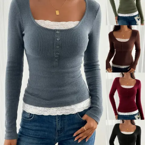 Women's Lace Patchwork Round Neck Henley Button Long Sleeve T-Shirt, Ribbed Knit Slim Fit Fake Two-Piece Top, Vintage Streetwear, Womenswear