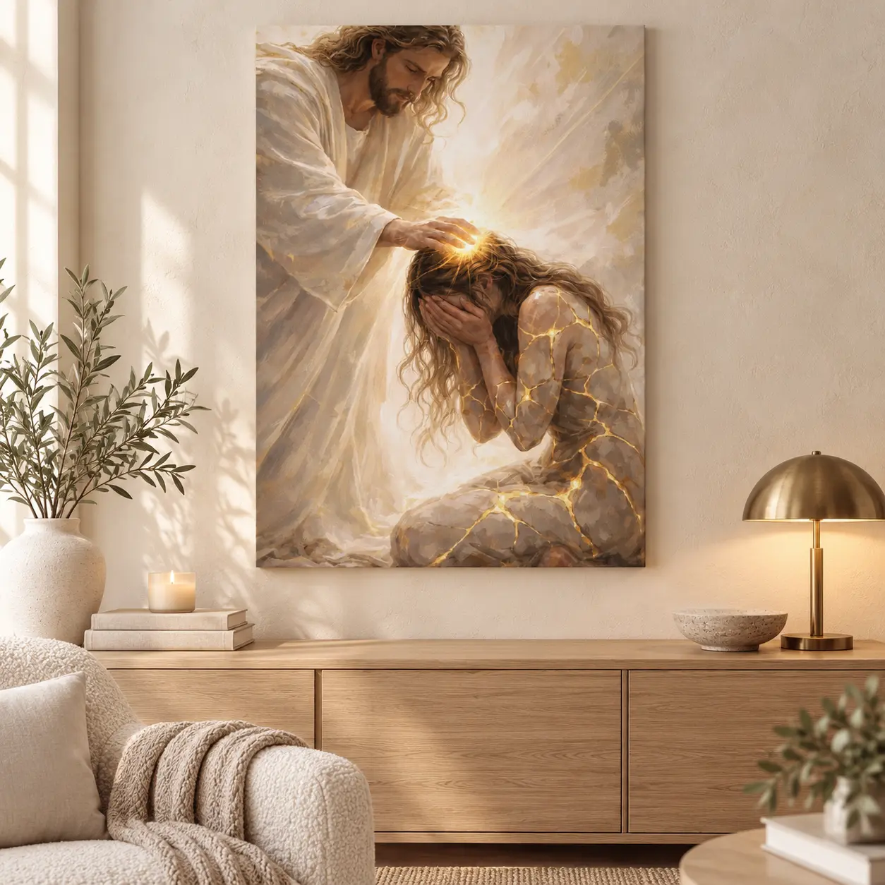 Christian Healing Wall Art, Jesus Comforting a Broken Woman Inspirational Poster for Living Room, Bedroom, Prayer Room and Faith-Based Home Decor
