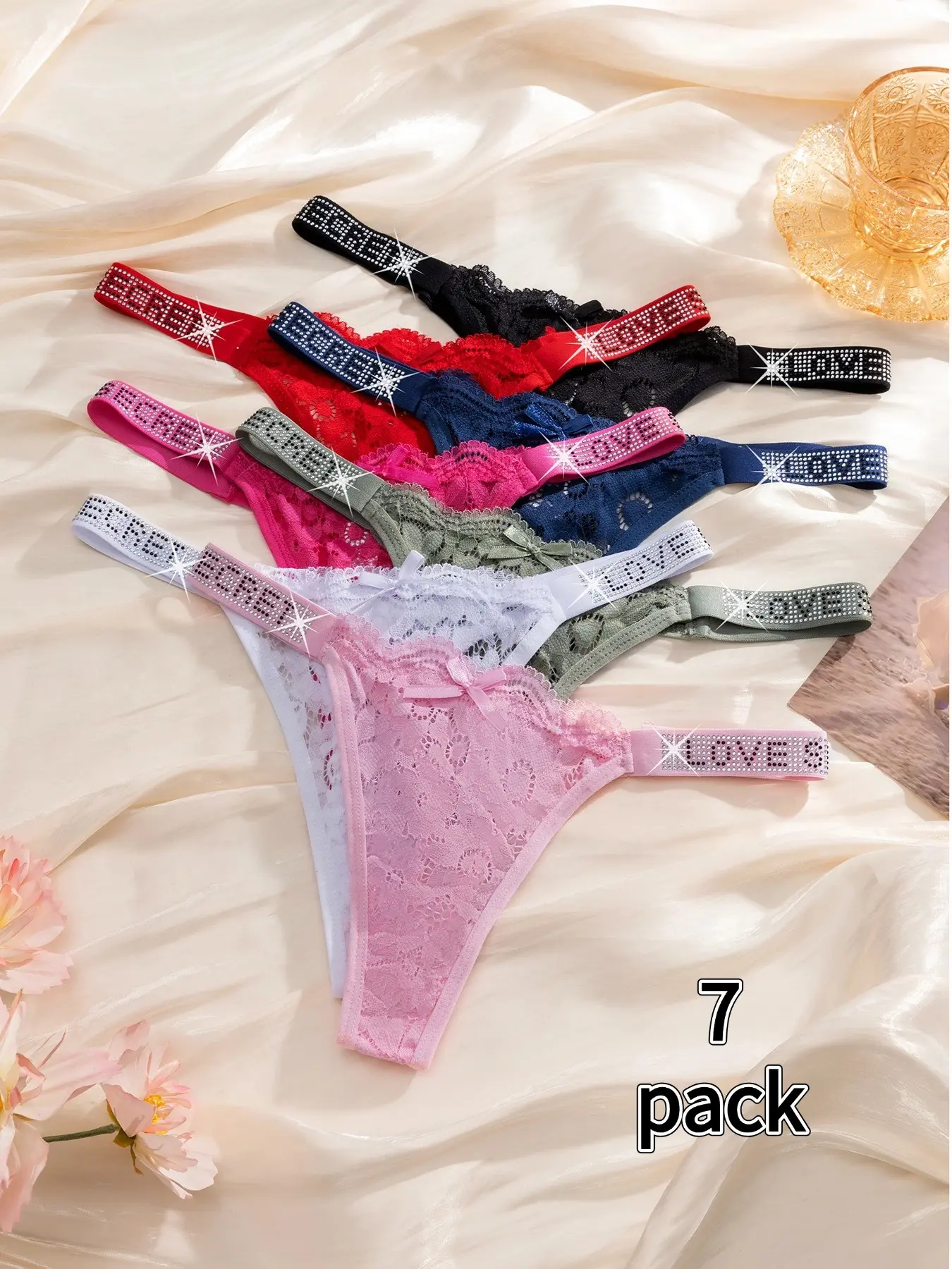 Summer New Sexy Thong Pants, Women's Elegant Underwear, Rhinestone Letter Belt Design, Sweet Bow Waist, 7 Pcs G String Set, All Seasons