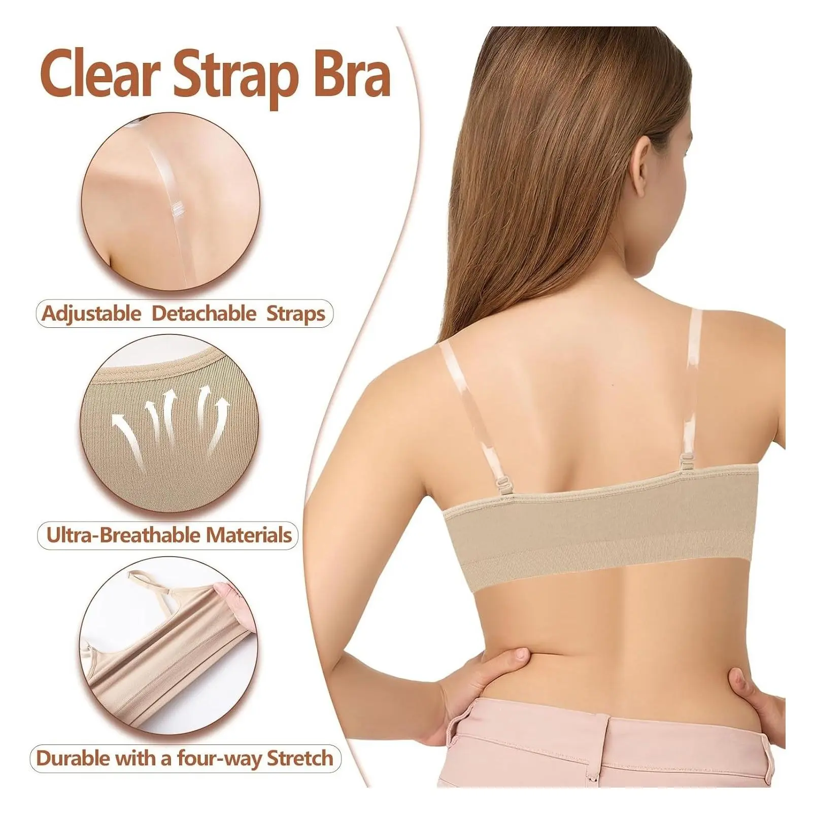 Girls Seamless Nude Dance Bra with 2 Pairs Adjustable Replacement Clear Straps and Silicone PadsGift