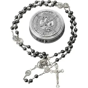 St Michael Rosary Hematite Stone Beads Necklace Metal Beaded Glory Beads Archangel Medal & Cross with Metal Gift BoxGift.