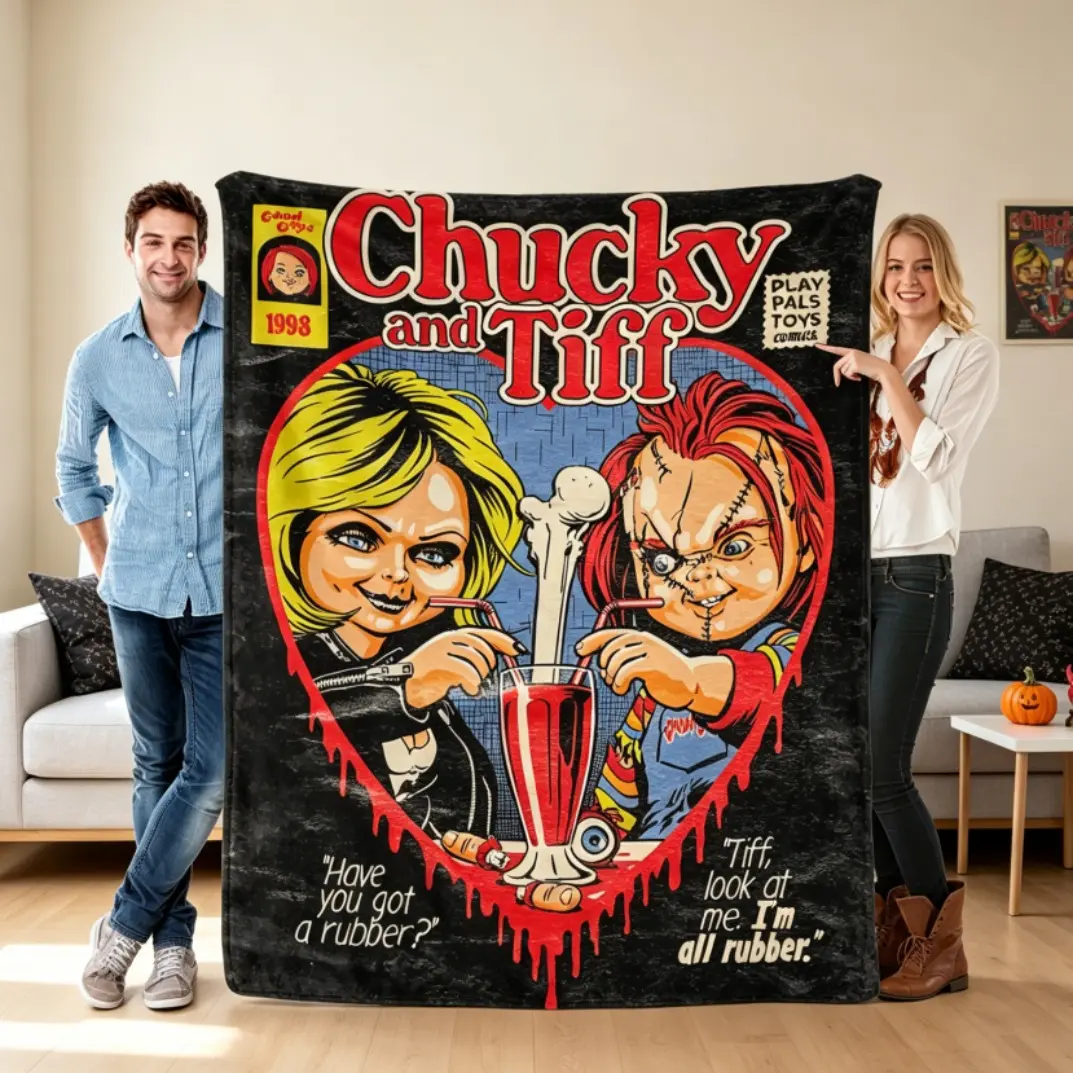 Chucky and Tiff Horror Movie Flannel Blanket, Vintage Comic Style Throw Blanket with Iconic Killer Doll Couple Design, Ultra Soft Cozy Fleece Blanket for Horror Fans, Bedroom Decor, Sofa Bed, Adults Kids Gift, Year-Round Snuggling