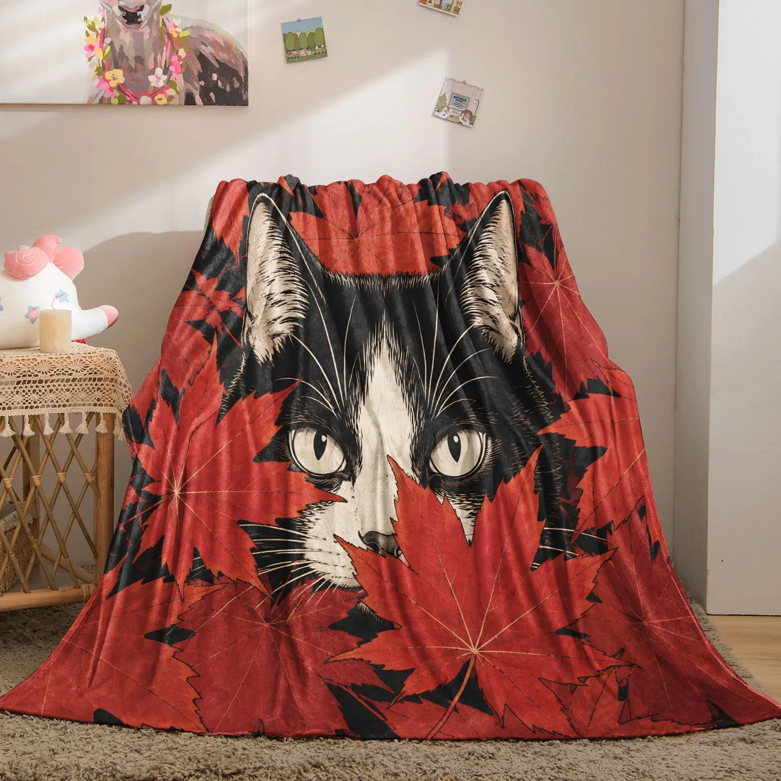 Black & White Tuxedo Cat Peeking in Red Maple Leaves Print Flannel Blanket, For Teens & Adults, Soft Fabric, Cozy Warm Blanket, Suitable for Sofa Bedroom Travel, Multiple Colors Available, Ideal Gift