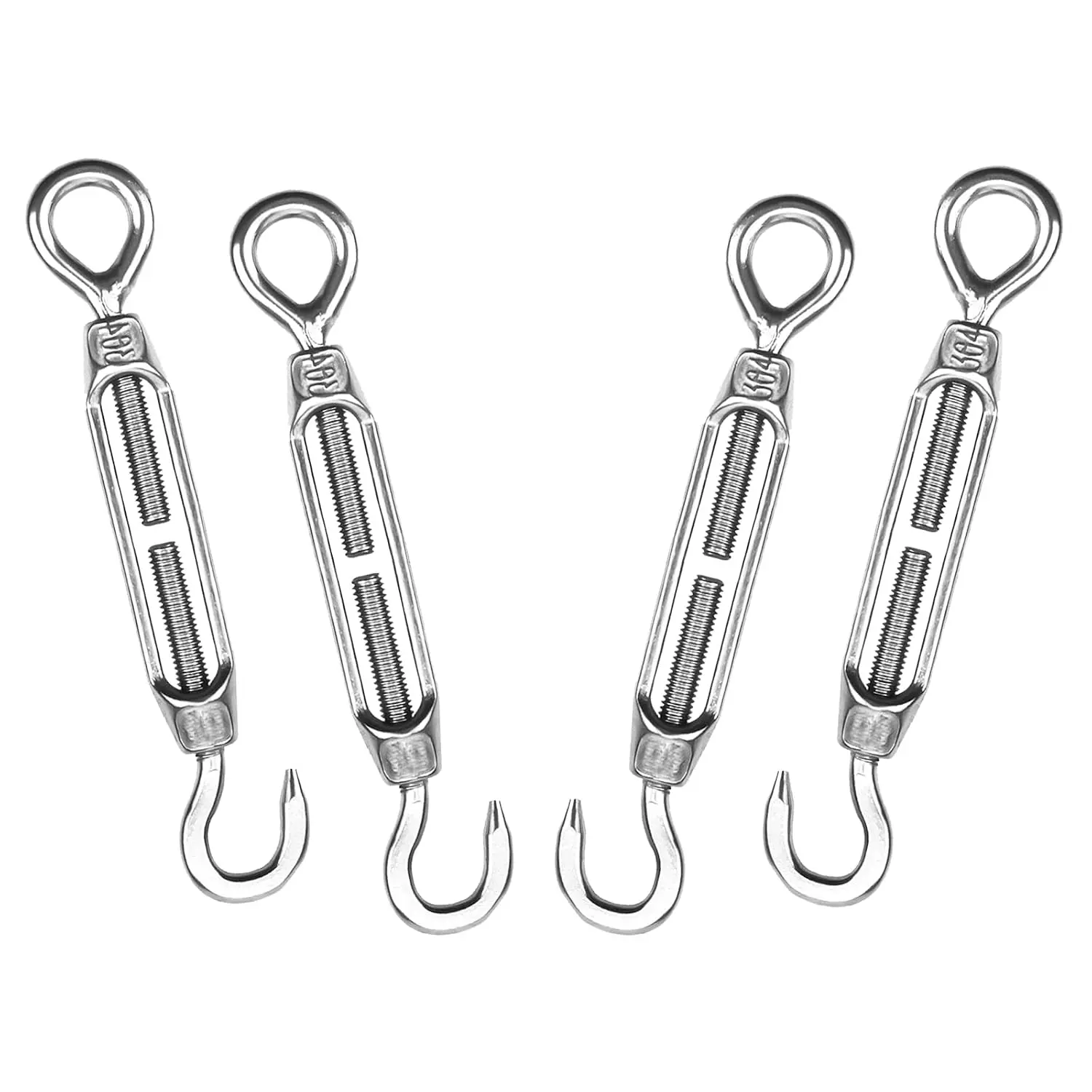 Turnbuckles Hook,  304 Stainless Steel Turnbuckle Heavy Duty M4 M6 M8 Hook and Eye Turnbuckle for Cables Wire Rope Tension 5/32" 1/4" 5/16" for Sun Shade Fence Tent Rope Installation(M4, 4 count)