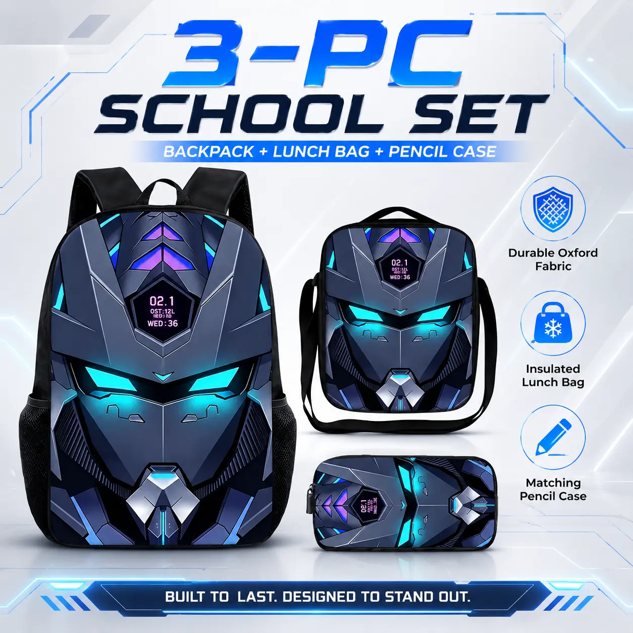 Futuristic Mecha Robot 3-Piece Backpack Set, LED Eyes Print School Bag + Lunch Bag + Pencil Case, Oxford Cloth Adjustable Strap Daypack for Kids & Teens