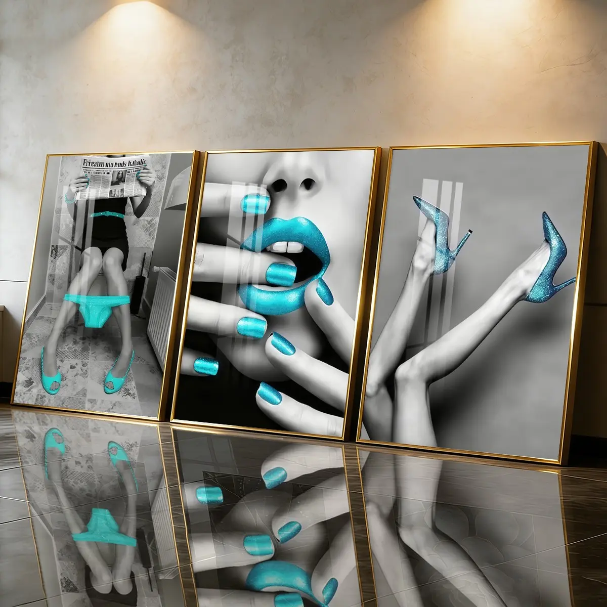 3 Count Aluminum Alloy Frame Canvas， Turquoise Fashion Girl Art Fashion Poster， Modern Living Room Decoration， Light Luxury Family Art， Suitable For Bedroom， Corridor And Office Wall Decor， Gift