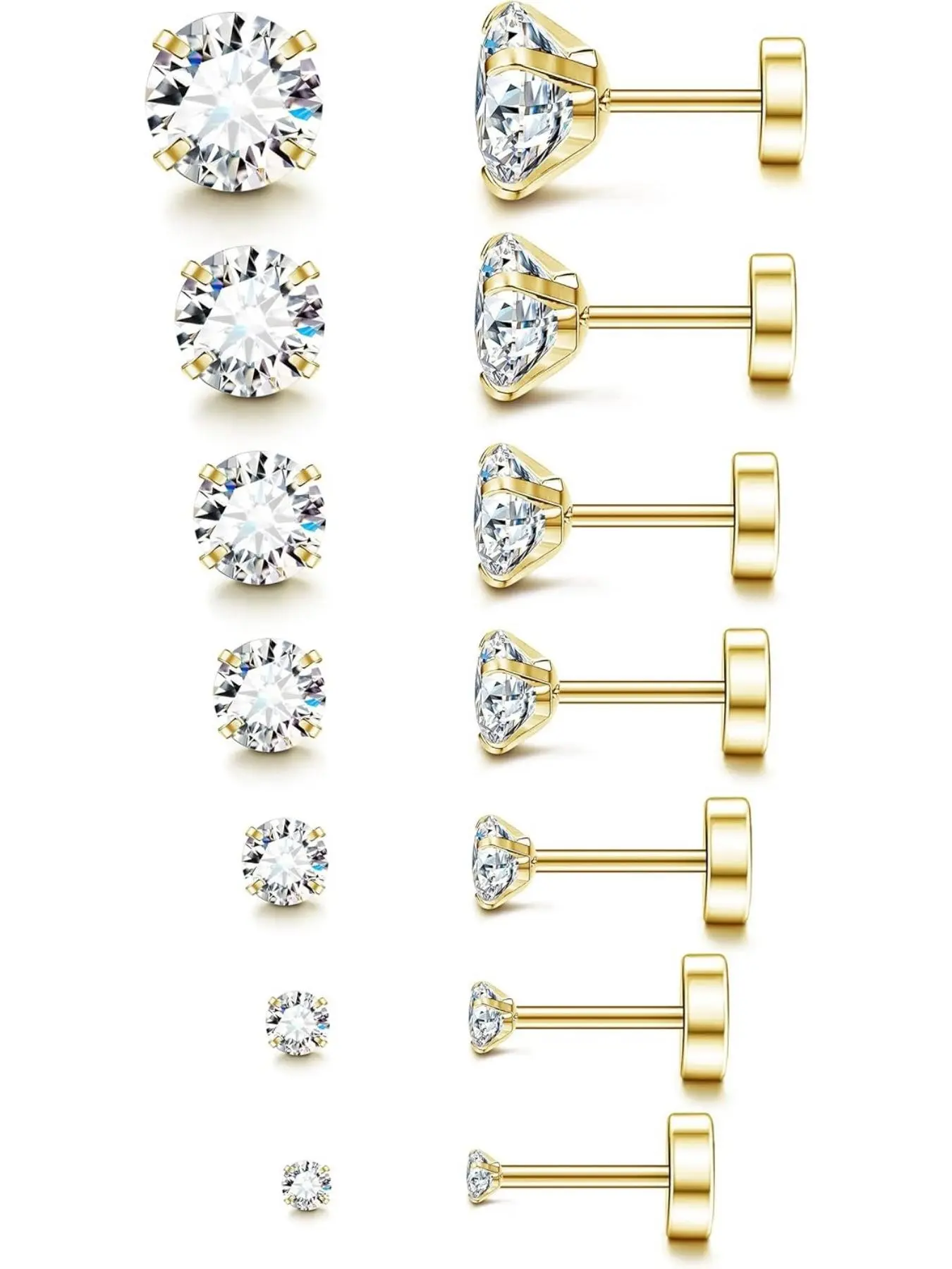 20G Hypoallergenic Flat Back Earrings for Women Men Silver 14K Gold Stainless Steel Stud Earrings Jewelry Brithstone Cubic Zirconia Studs Surgical Steel Cartilage Earrings for Sensitive Ears