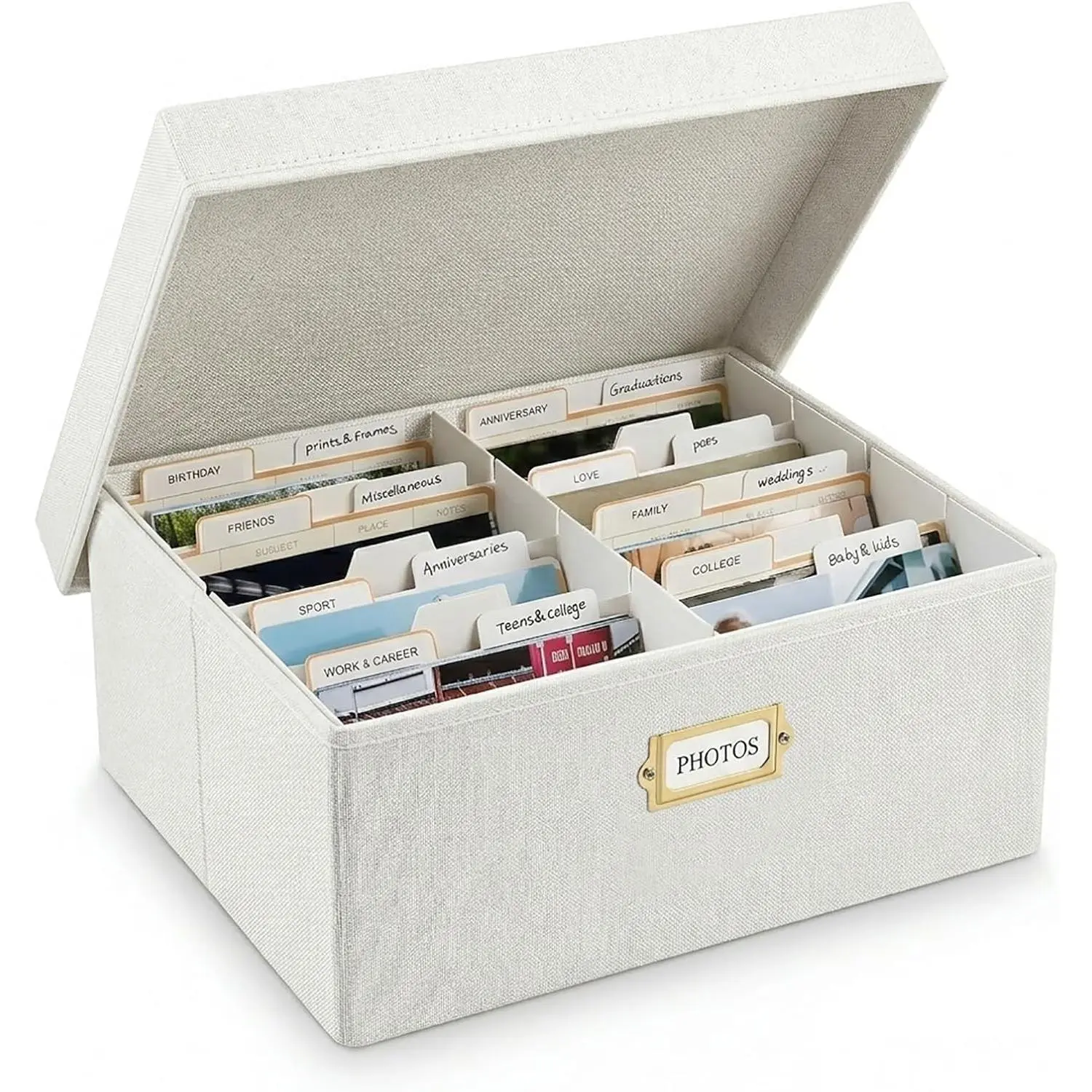 Decorative Photo Storage Box, Sturdy Linen Photo Organizer with Dividers & Envelopes, Holds Up to 1700 Pictures and 4x6 Photos, Keepsake Storage for Photos, Scrapbooks & Cards