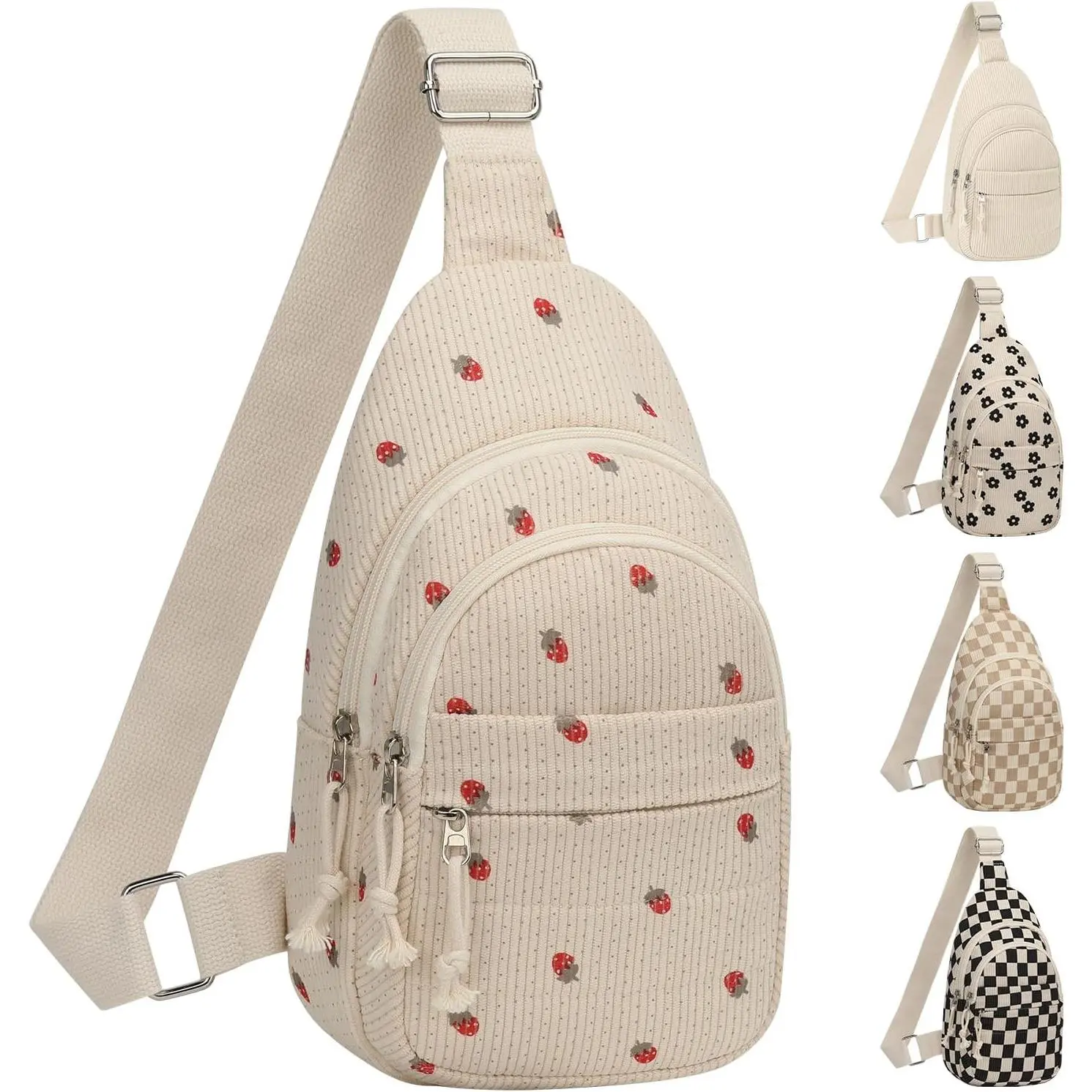 Corduroy Small Crossbody Bags for Women Teen Girls Trendy | Cute Sling Bag for Girls Travel Hiking, Beige Strawberry Purse